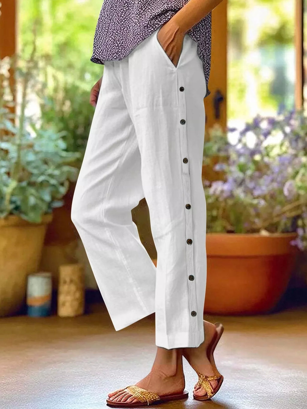 Full Size Side Button Decor Pants Plus Size