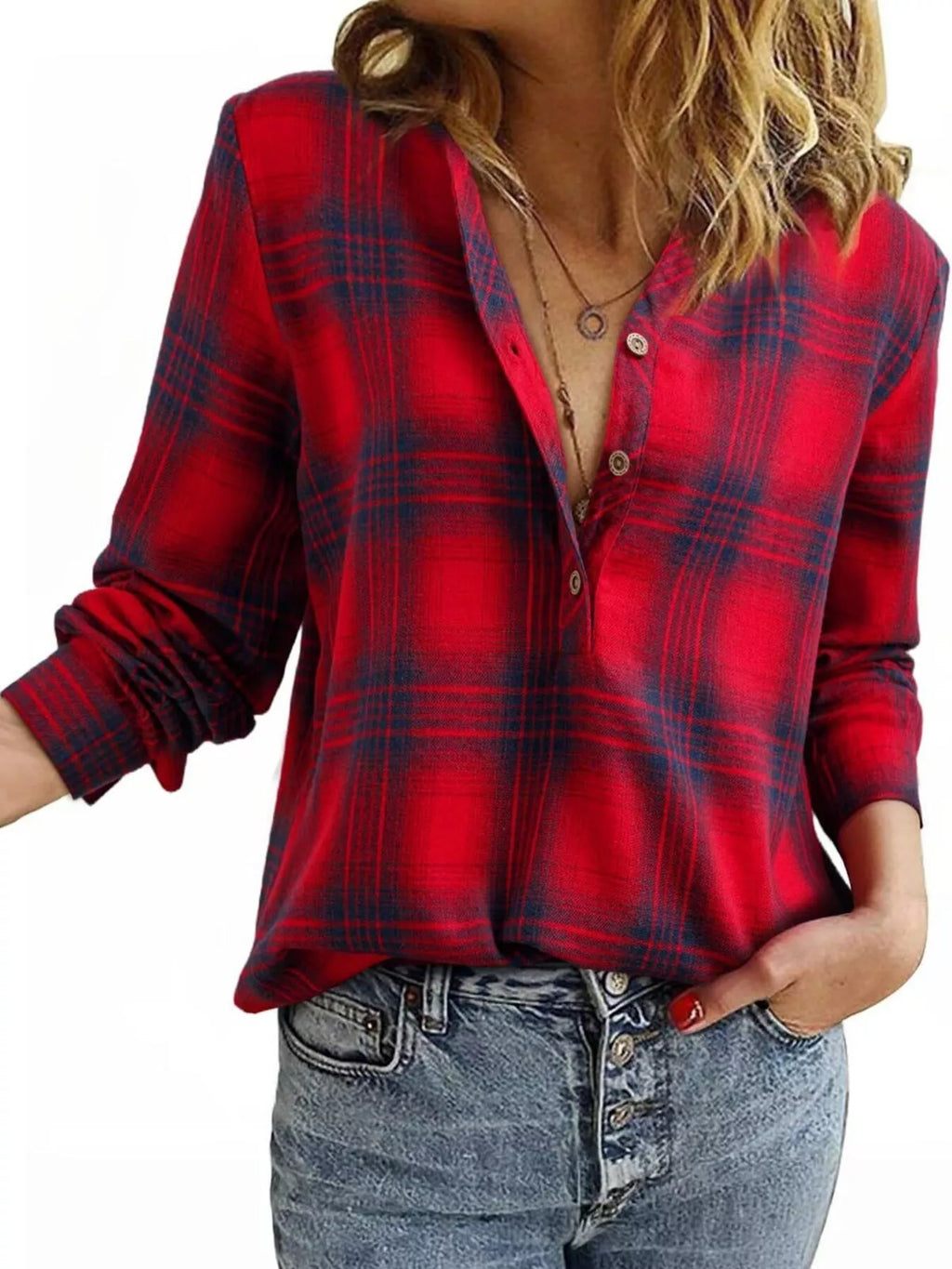 Plaid Half Button Long Sleeve Blouse