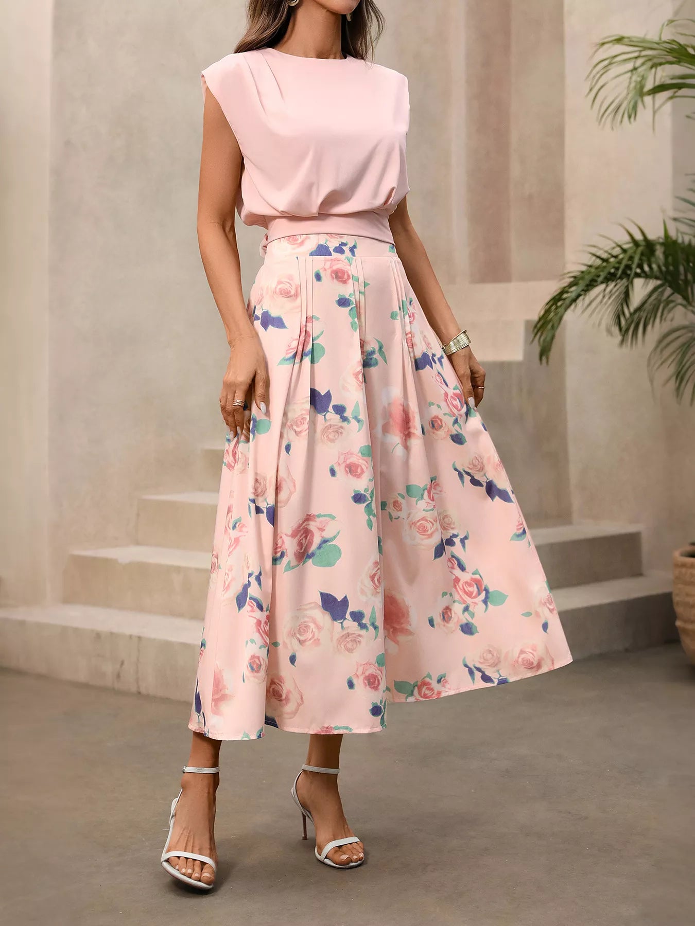 Round Neck Top and Floral Print Skirt Two-Piece Set