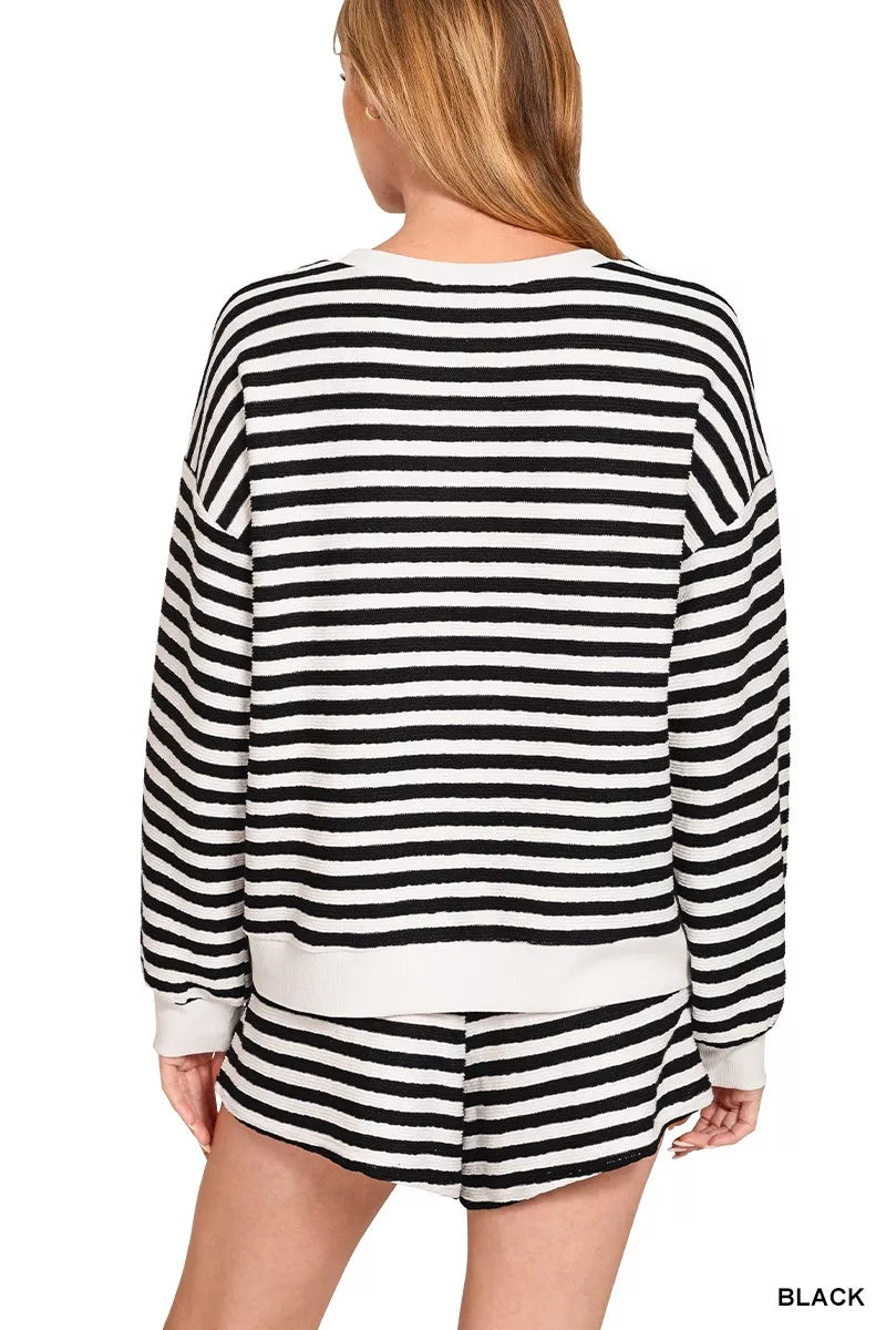 Zenana Striped Long Sleeve Top and Shorts Set