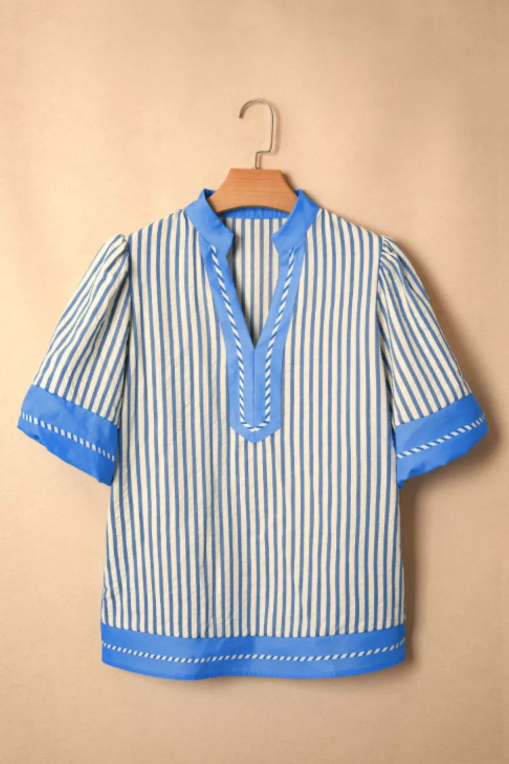 Stripe Color Block Detail V Neck Short Sleeve Blouse