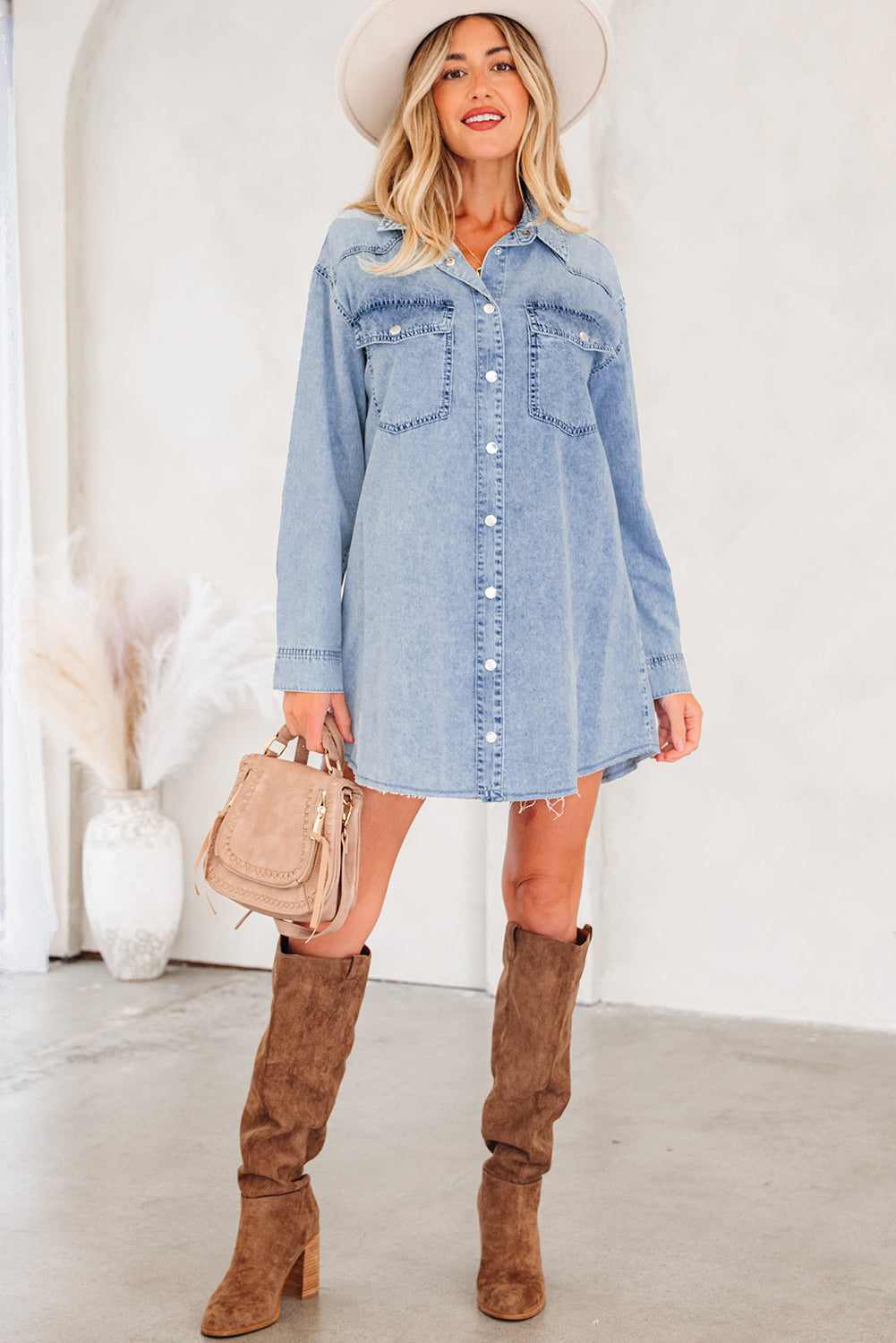 Beau Blue Chest Pocket Raw Hem Denim Loose Shirt Dress