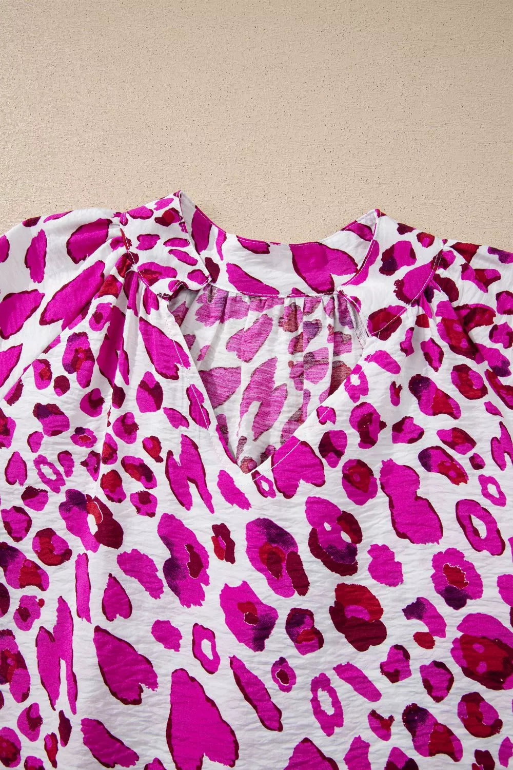 Leopard Print V Neck Puffy Half Sleeve Blouse