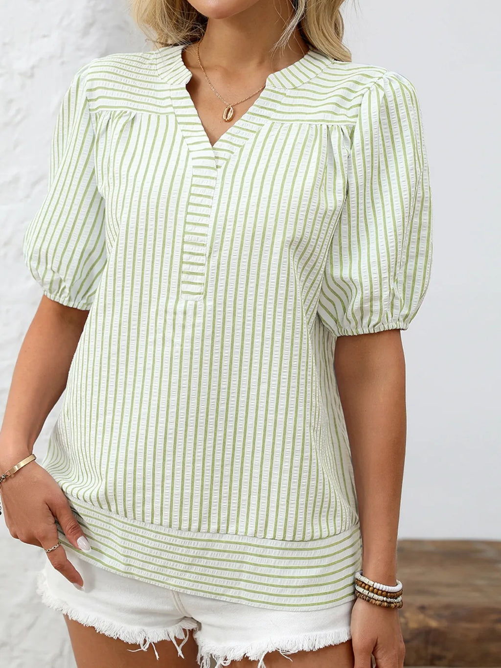 Striped Notched Puff Sleeve Blouse