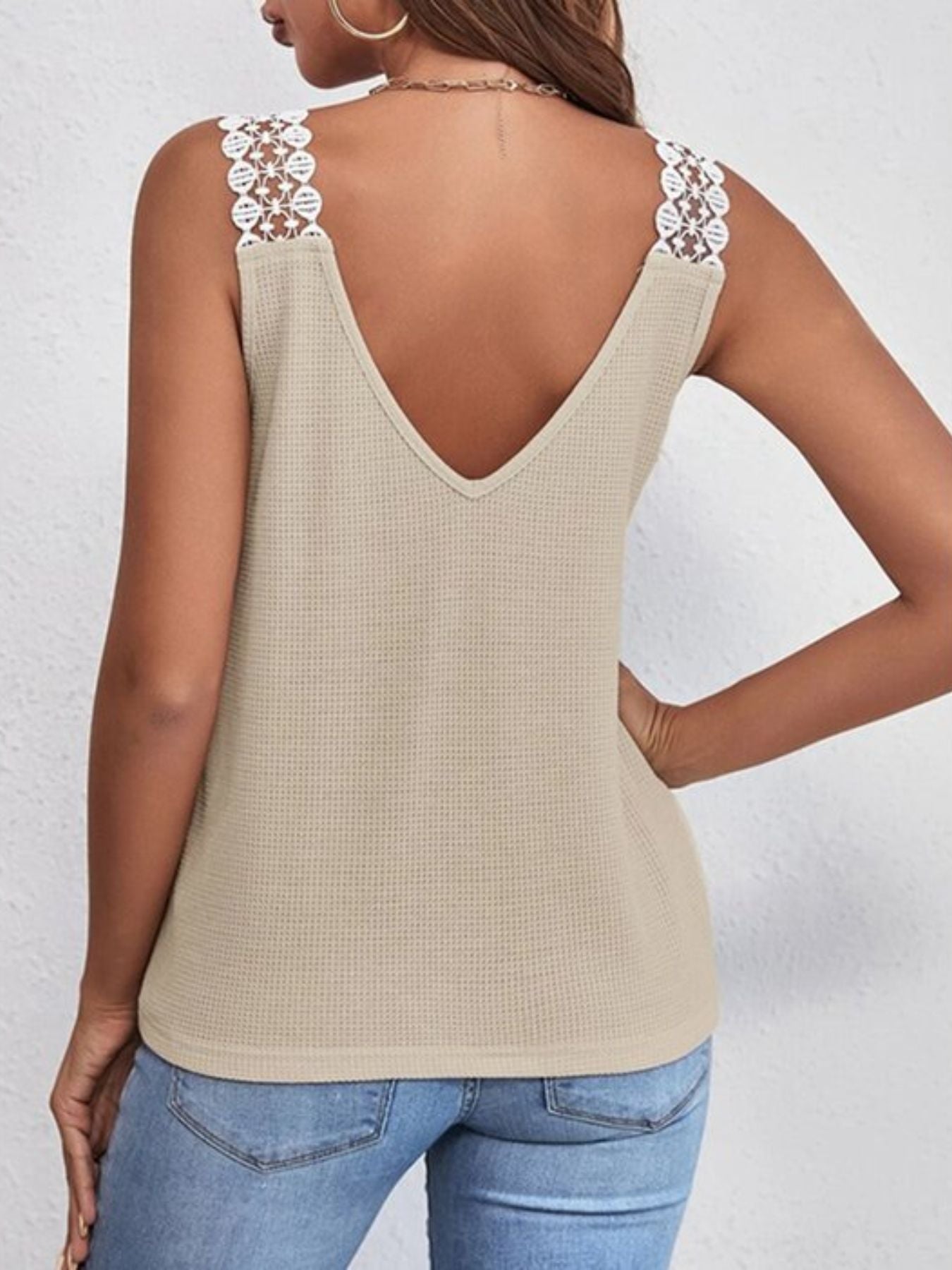 Full Size Lace Trim V-Neck Waffle Knit Tank Plus Size
