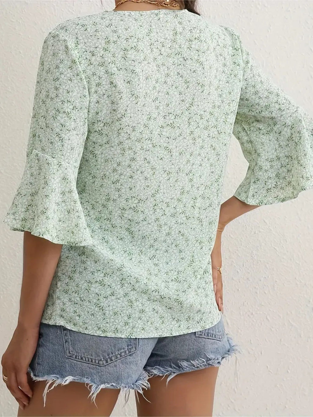 Floral Print V-Neck Bell Sleeve Blouse