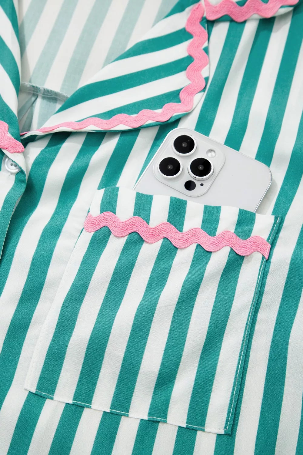 Stripe Contrast Ricrac Trim Long Sleeve Shirt Drawstring Ruffled Pajama Short Set