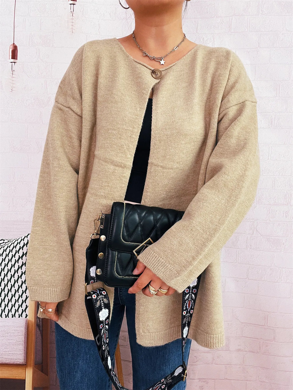 One Button Front Drop Shoulder Cardigan