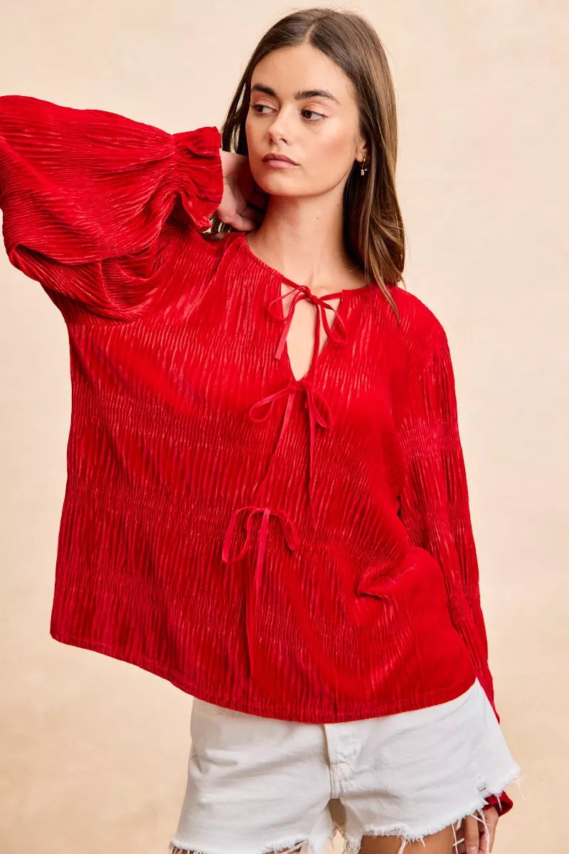 BiBi Christmas Theme Velvet Bow Tied Top With Neck Drop