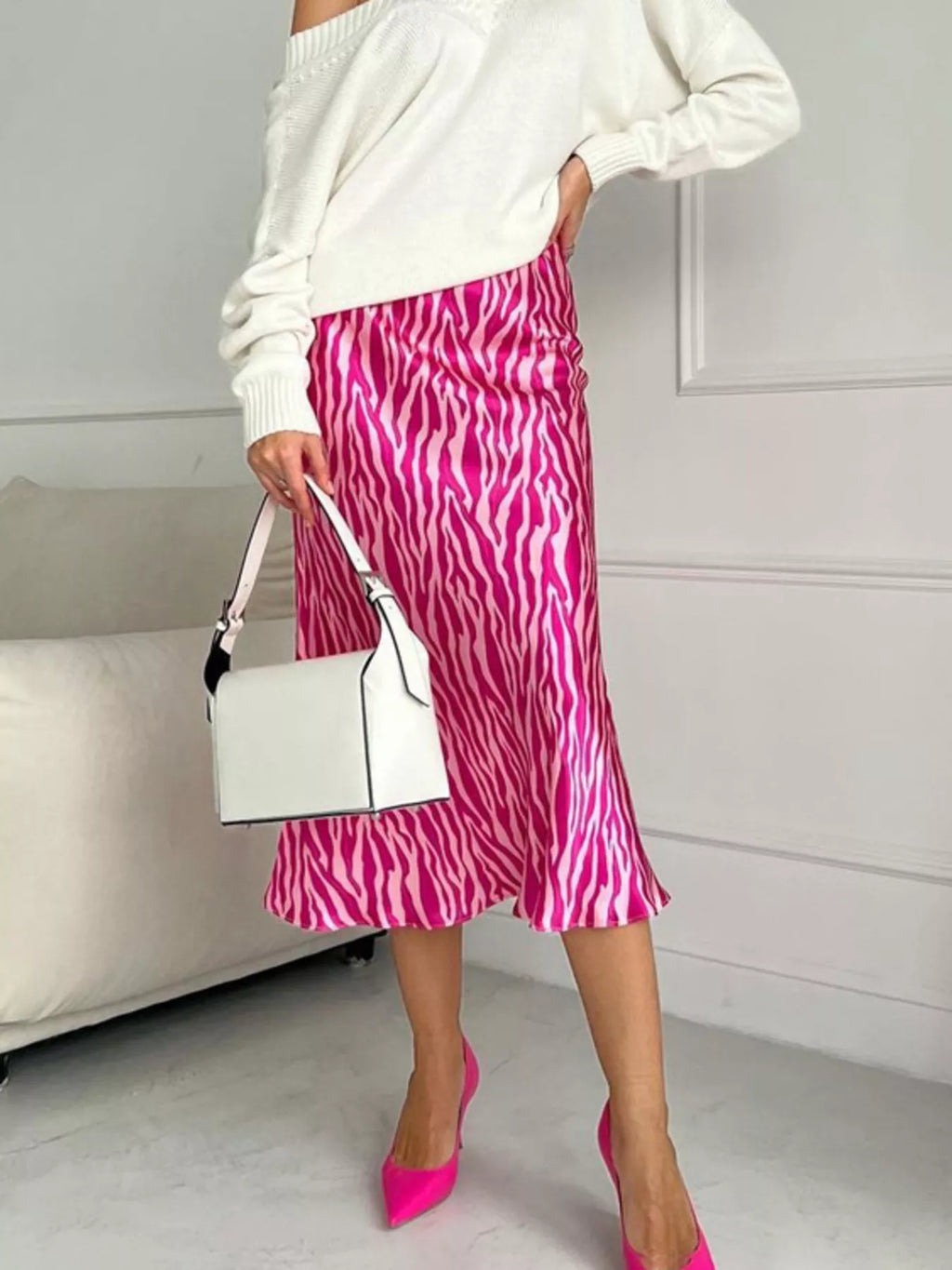 Satin Zebra Print Midi Skirt