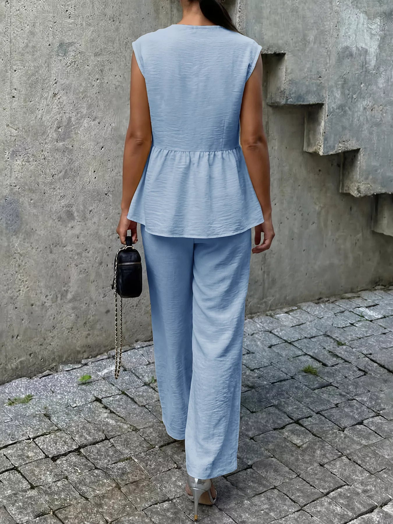 One Button Top and Wide Leg Pants Set