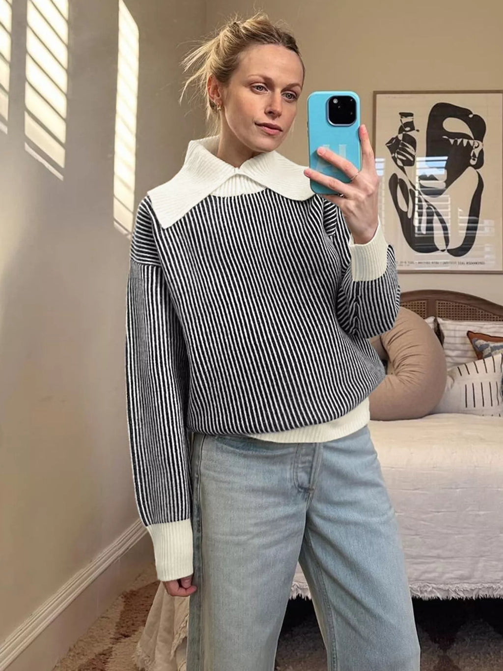Striped Knit Sweater with Contrast Collar