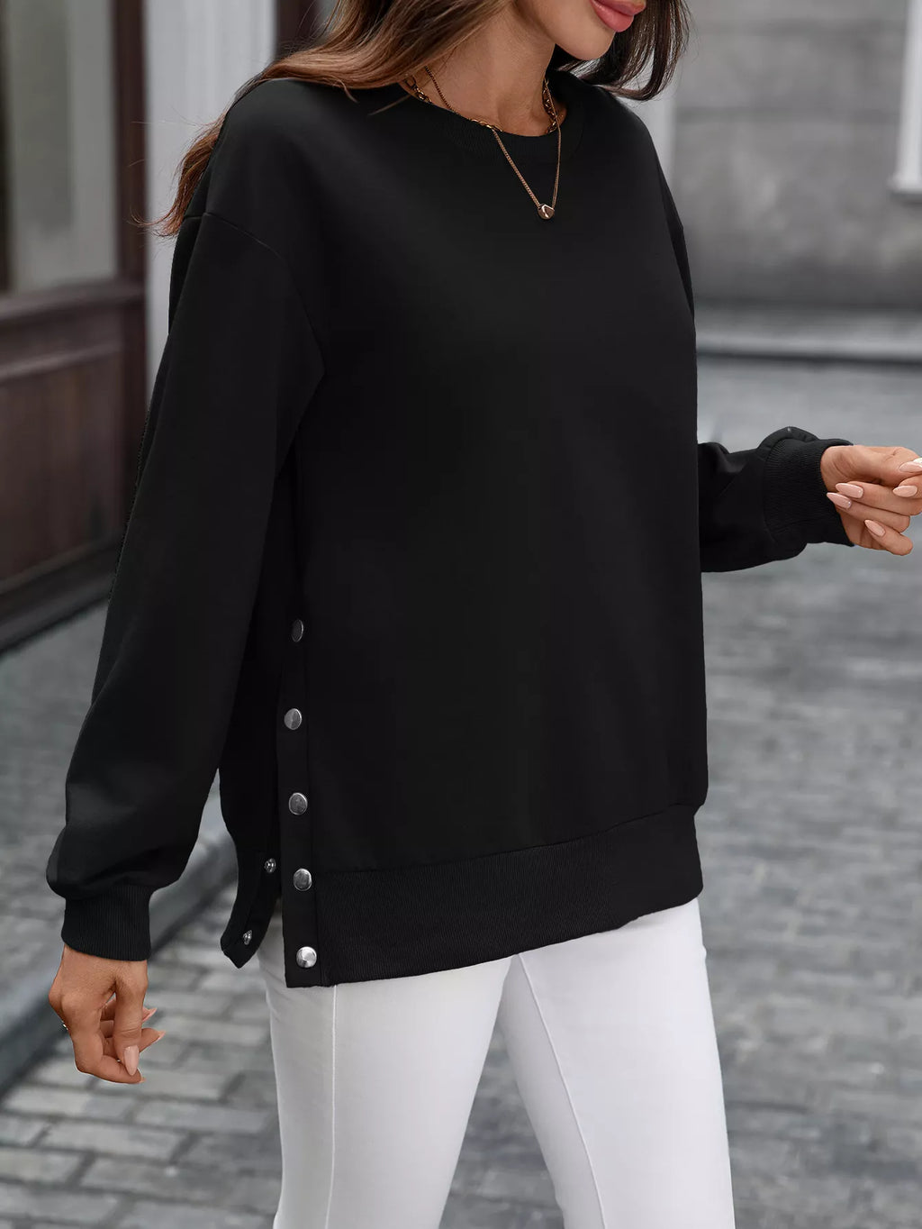 Side Snap Round Neck Sweatshirt