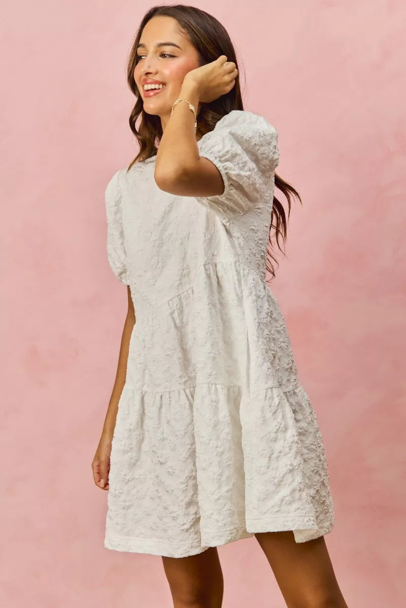 SO ME Floral Jacquard Diagnol Tiered Short Mini Dress