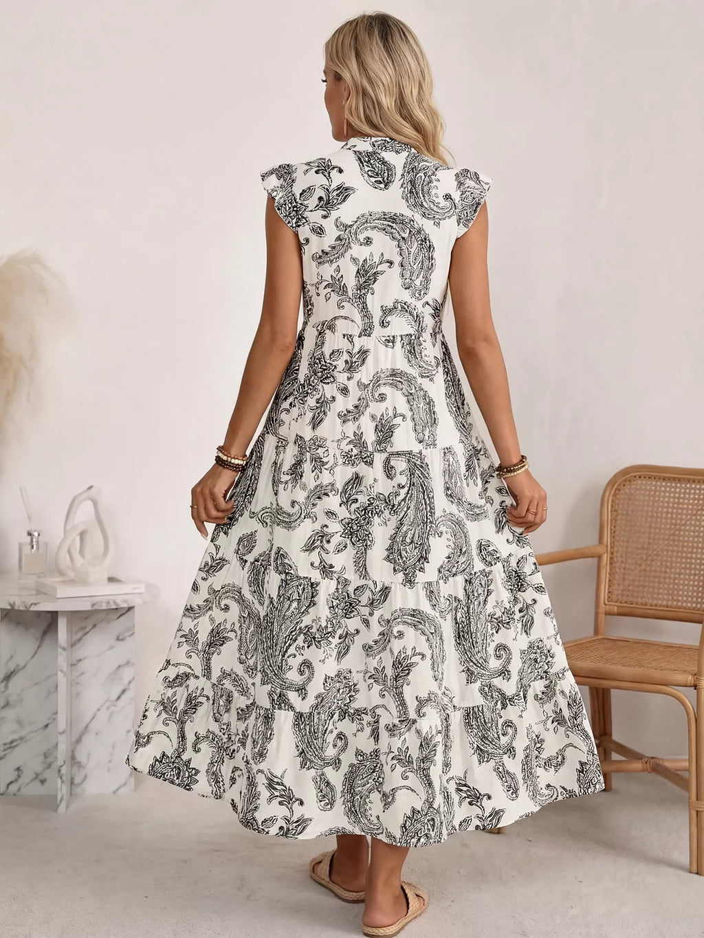 Printed Notched Ruffle Sleeve Maxi Dress