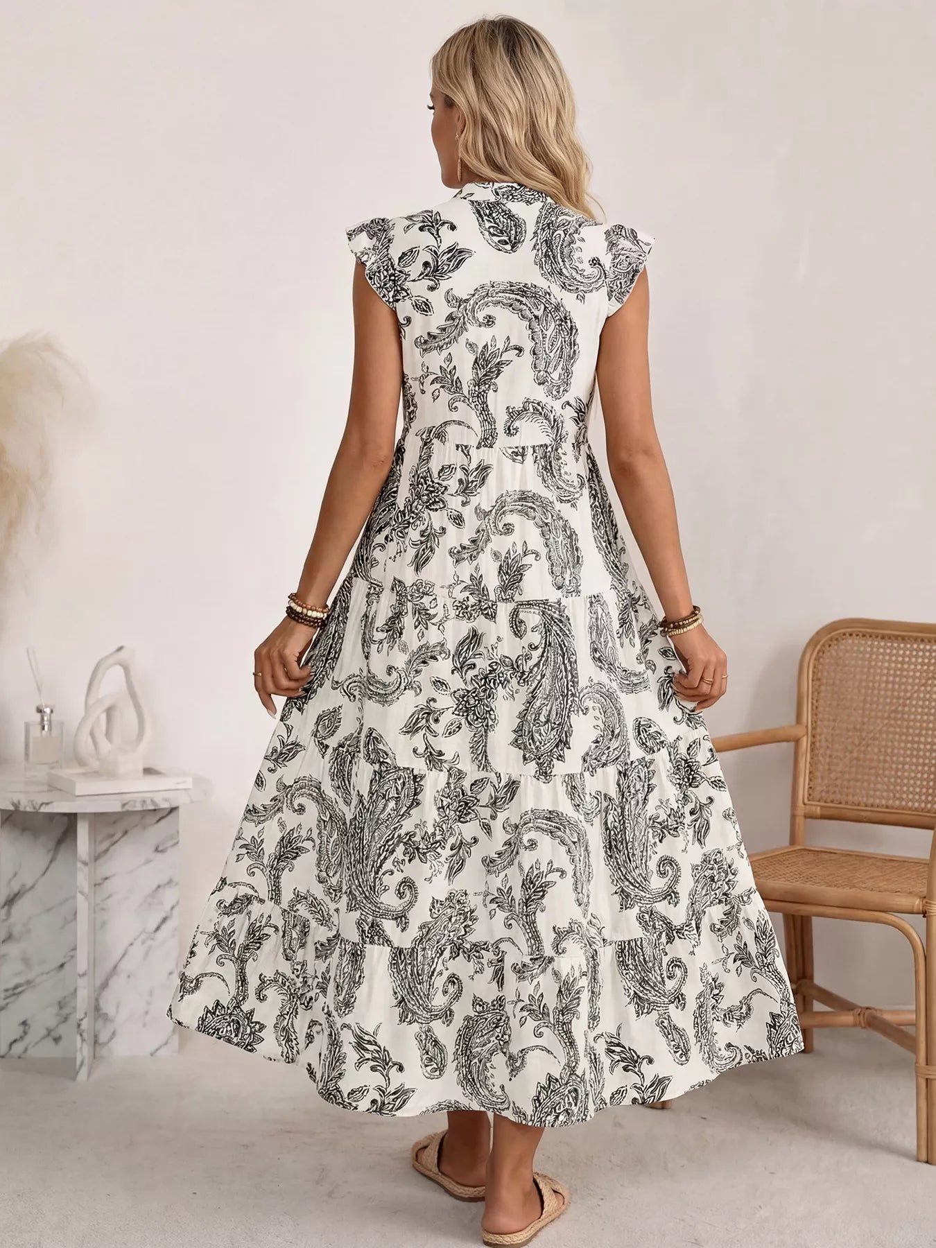 Printed Notched Ruffle Sleeve Maxi Dress