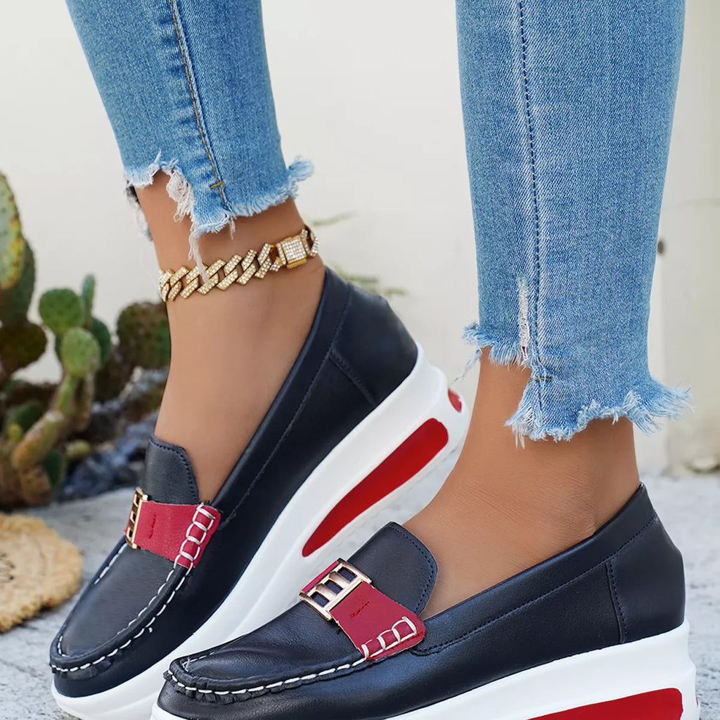 Metal Buckle Round Toe Slip-Ons