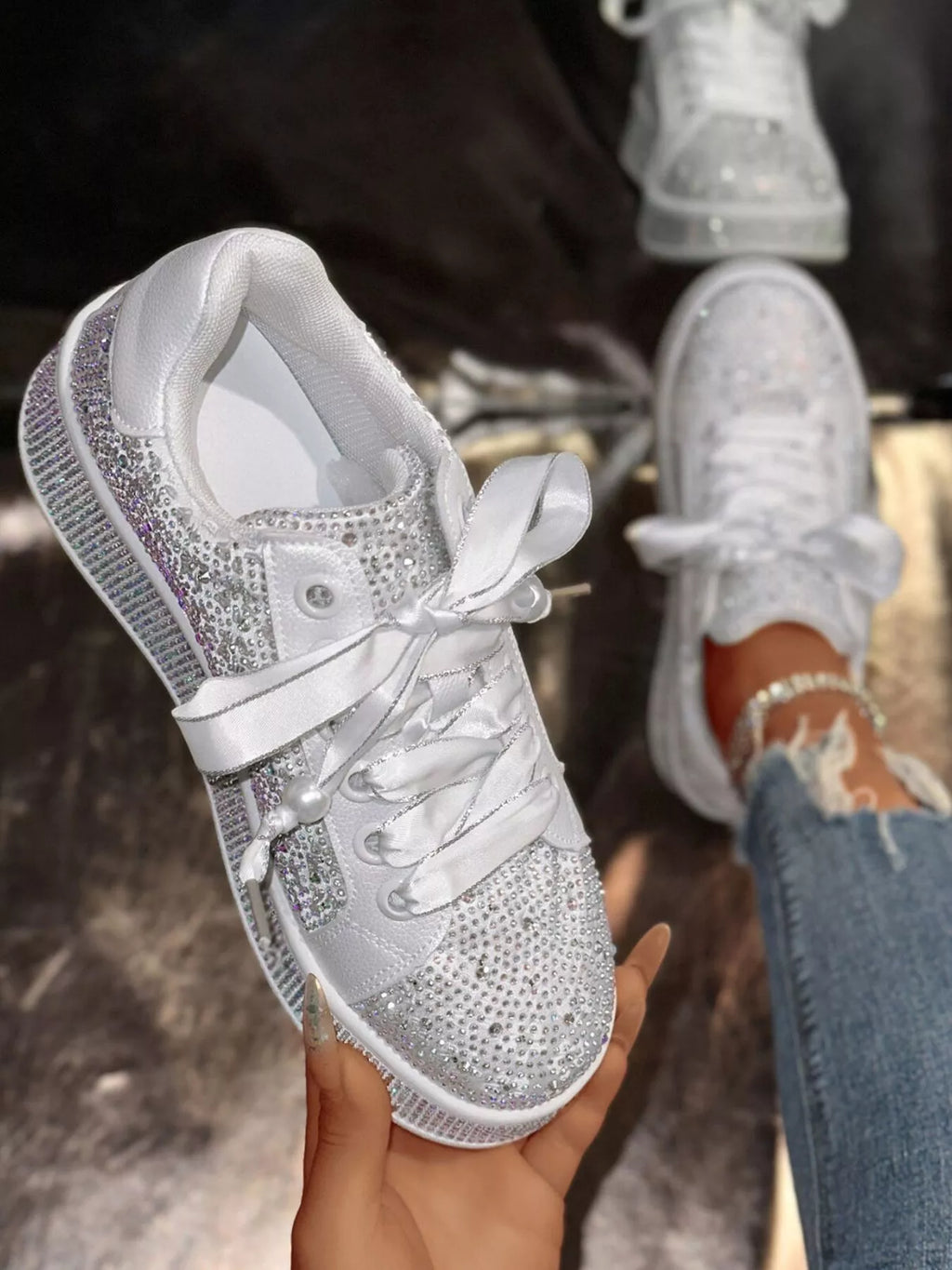 Round Toe Rhinestone Sneakers