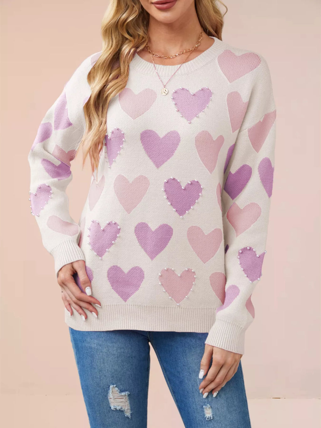 Heart Pattern Beaded Round Neck Sweater