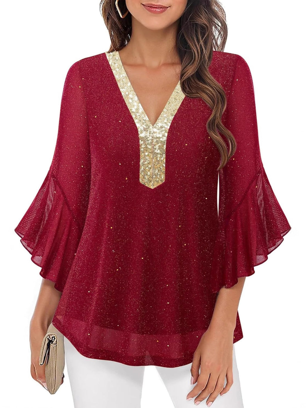 Sequin V-Neck Flounce Sleeve Blouse