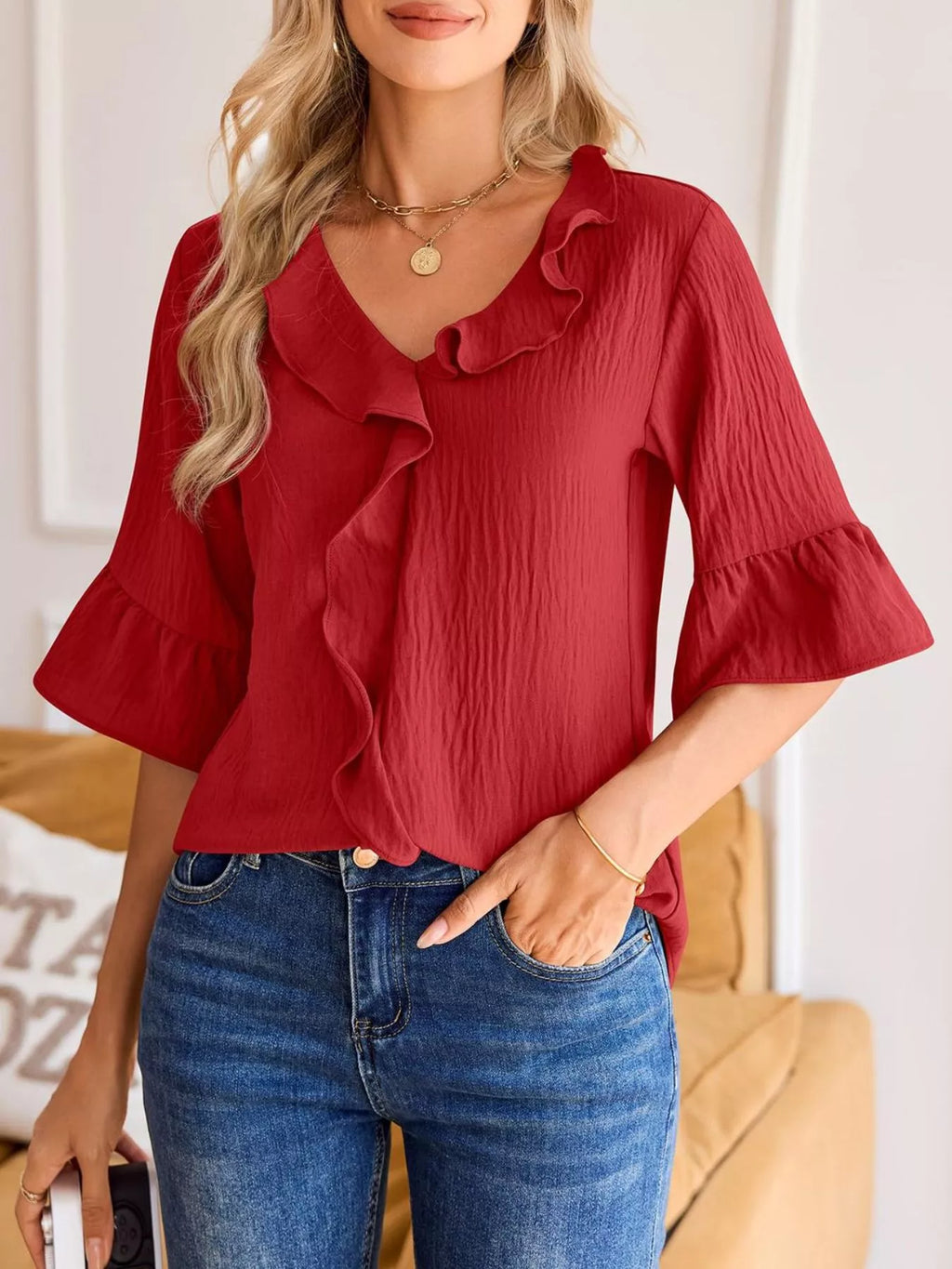 Ruffle Trim V-Neck Blouse