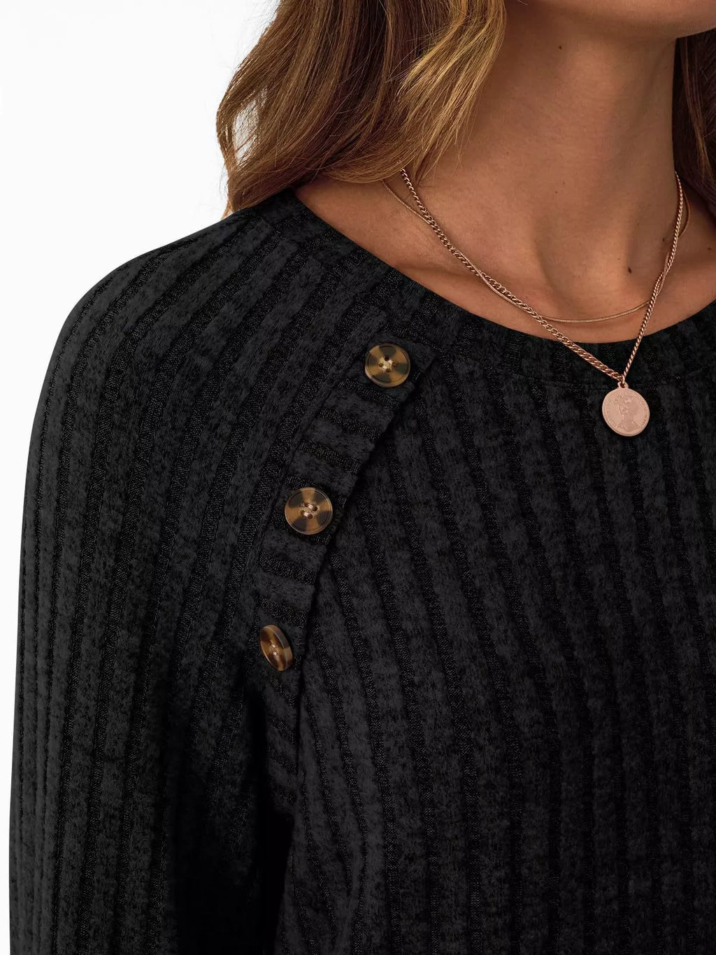 Ribbed Knit Decor Button Long Sleeve T-Shirt