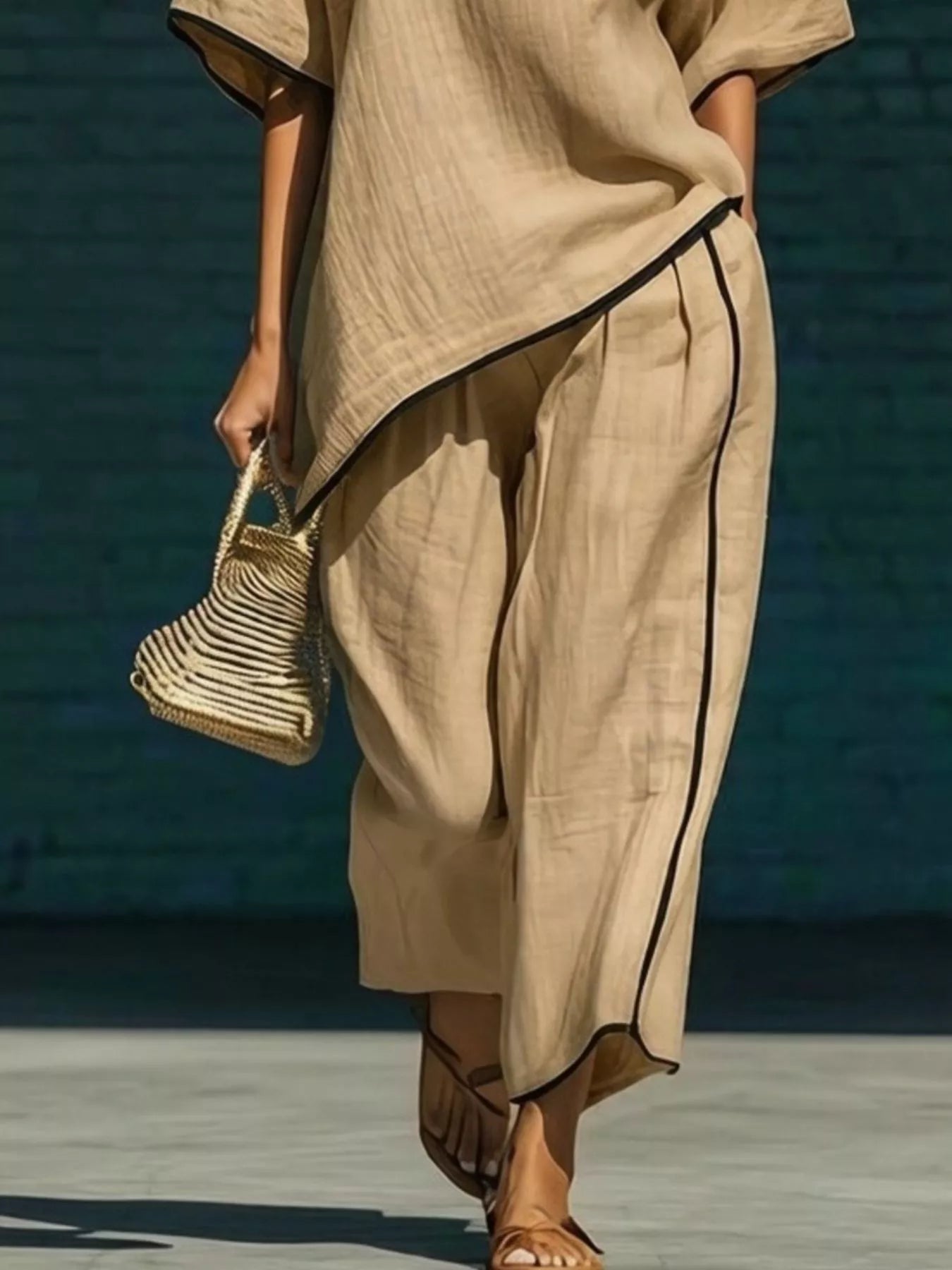 Full Size Contrast Trim Half Sleeve Top and Pants Set Plus Size