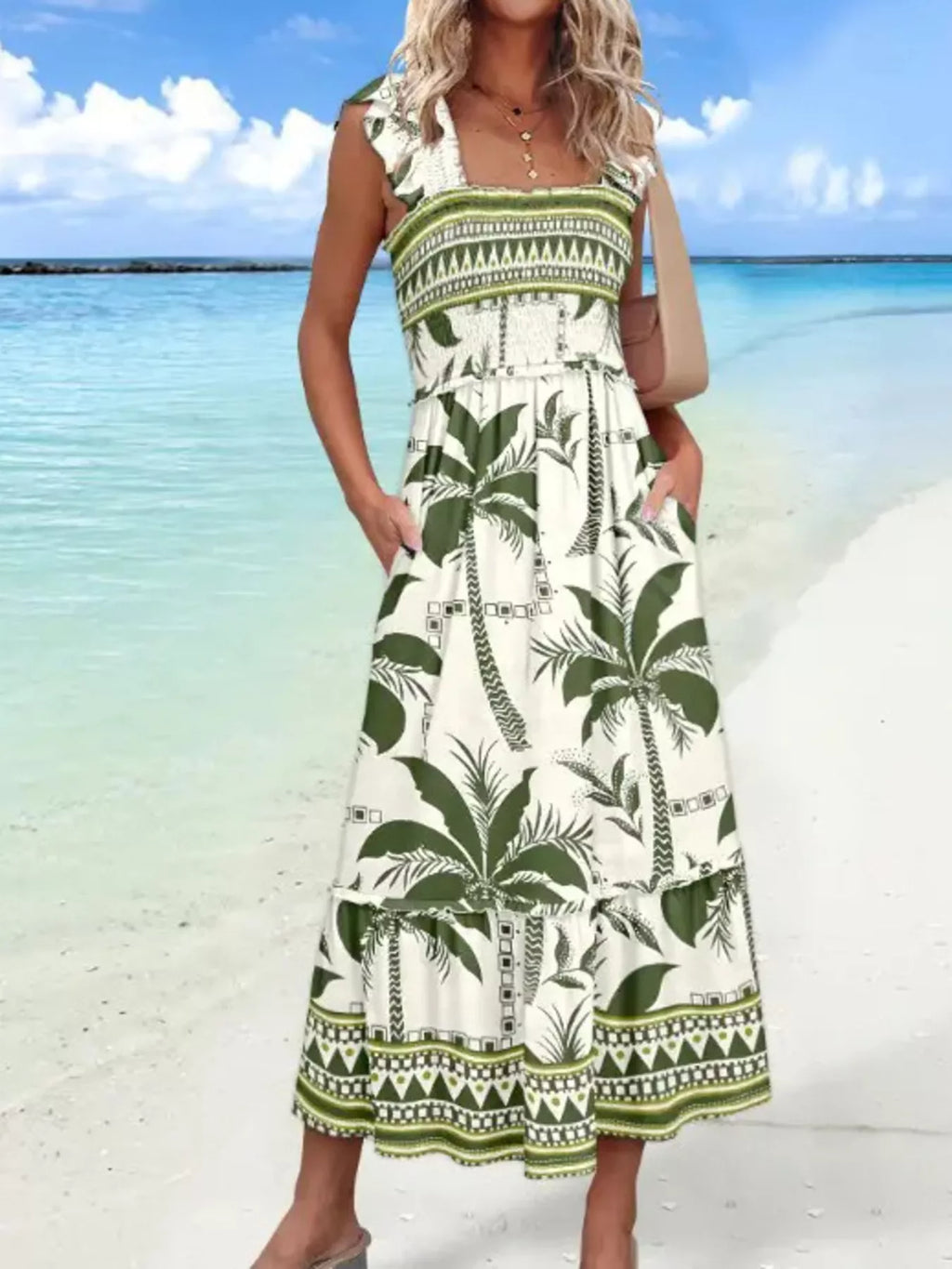 Tropical Palm Print Square Neck Midi Dress