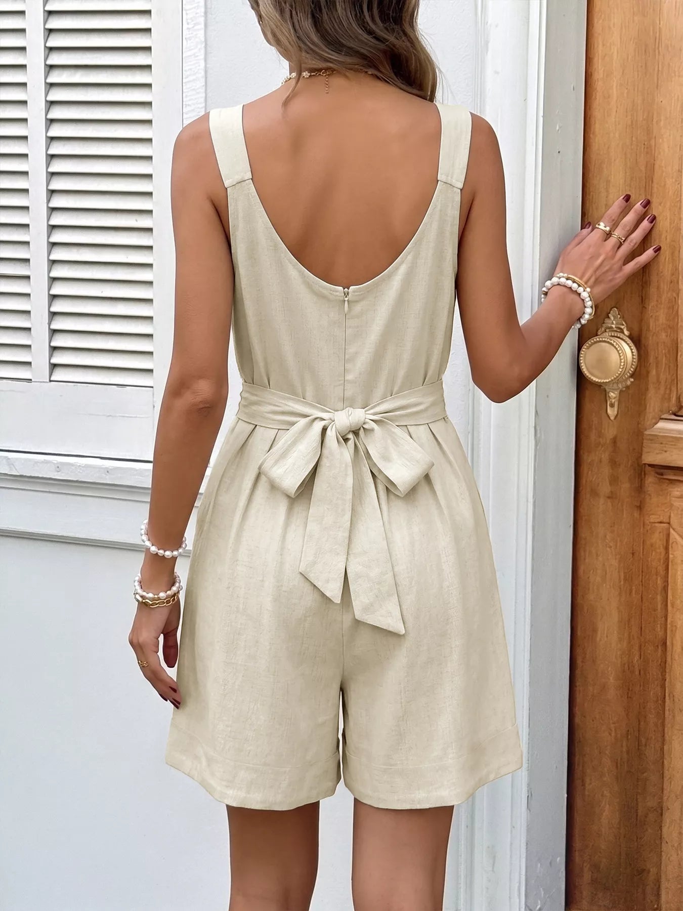 Bowknot Strap Pleated Detail Romper