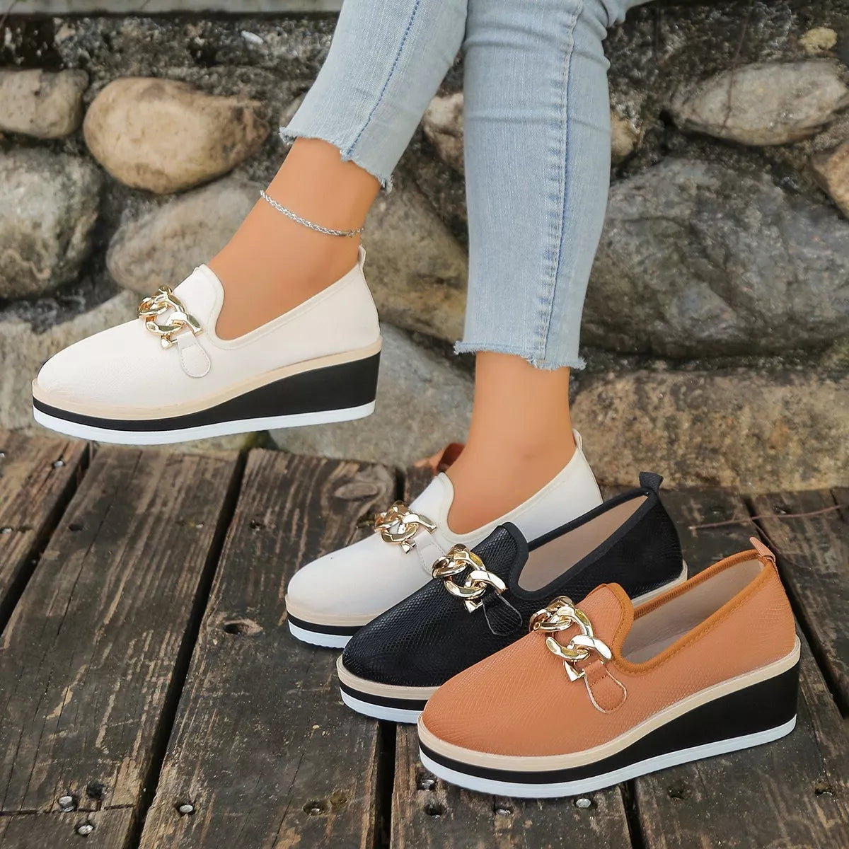 Chain Decor Wedge Loafers
