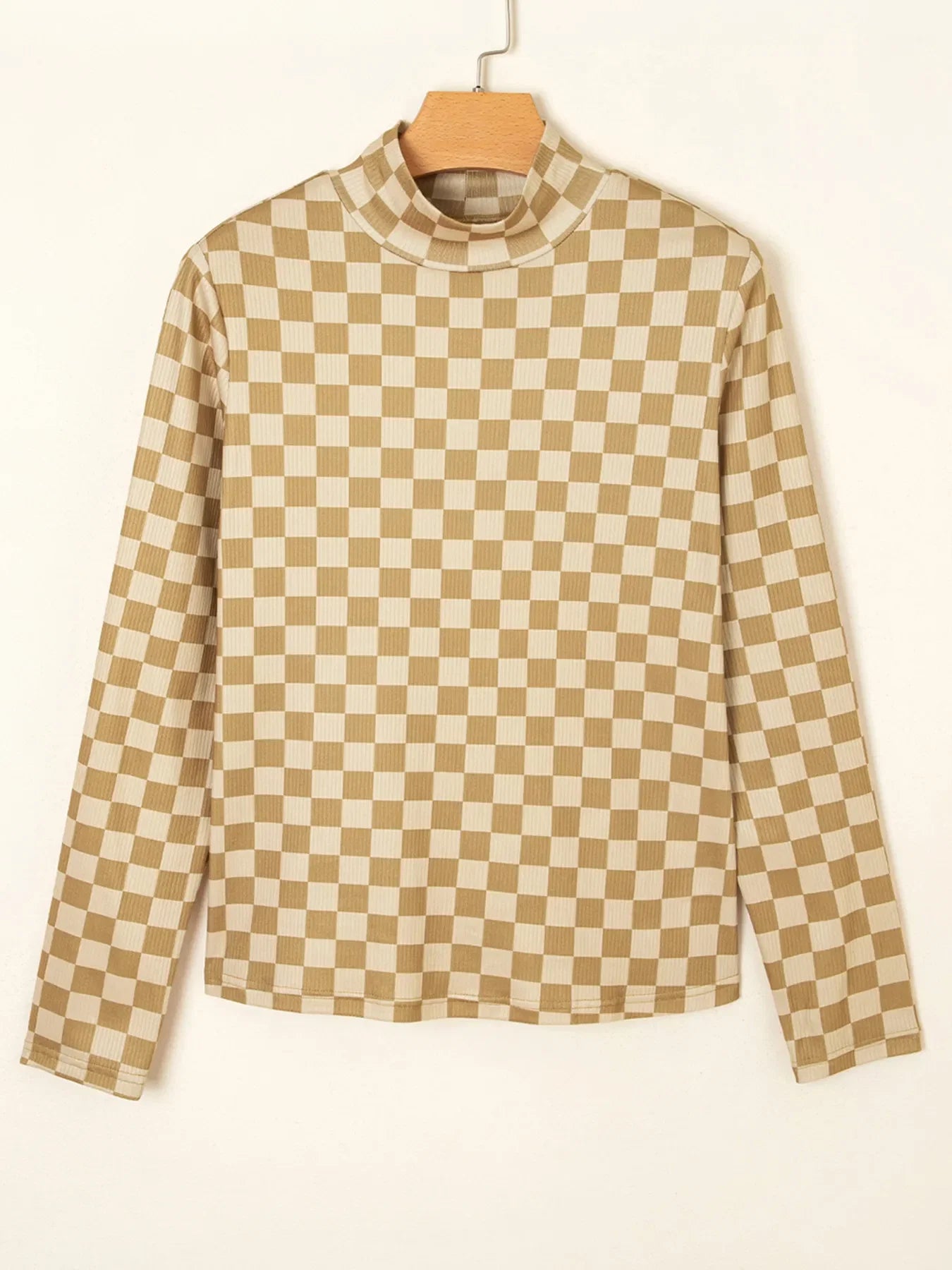 Check Pattern Turtleneck Slim Long Sleeve Tee