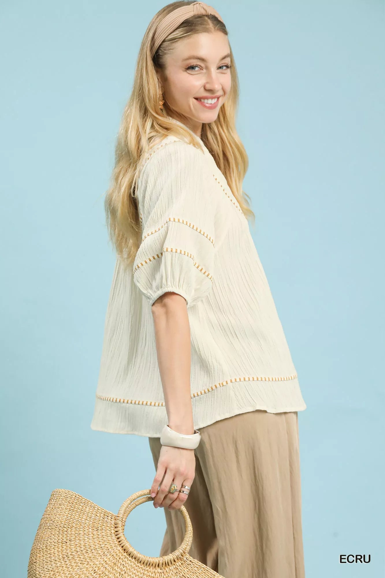 Umgee Textured Short Sleeve Top with Contrast Trim