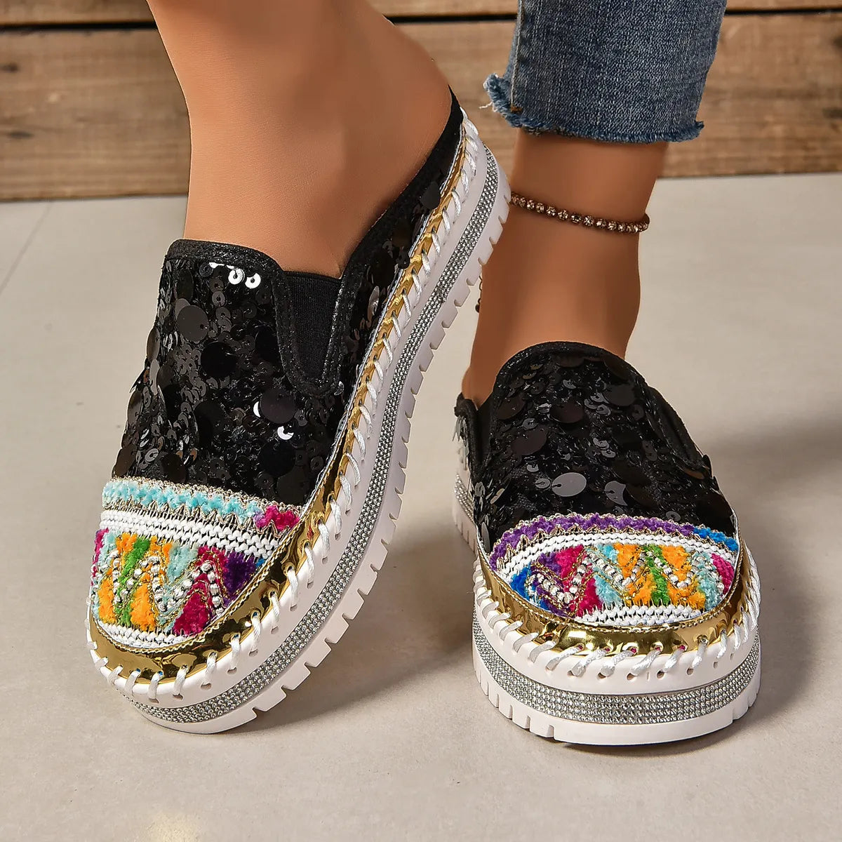 Sequin Round Toe Platform Loafers