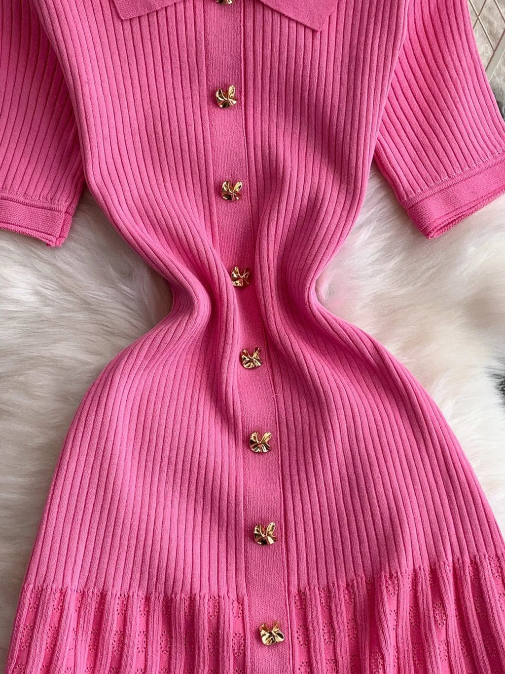 Button Front Ribbed Knit Midi Dress