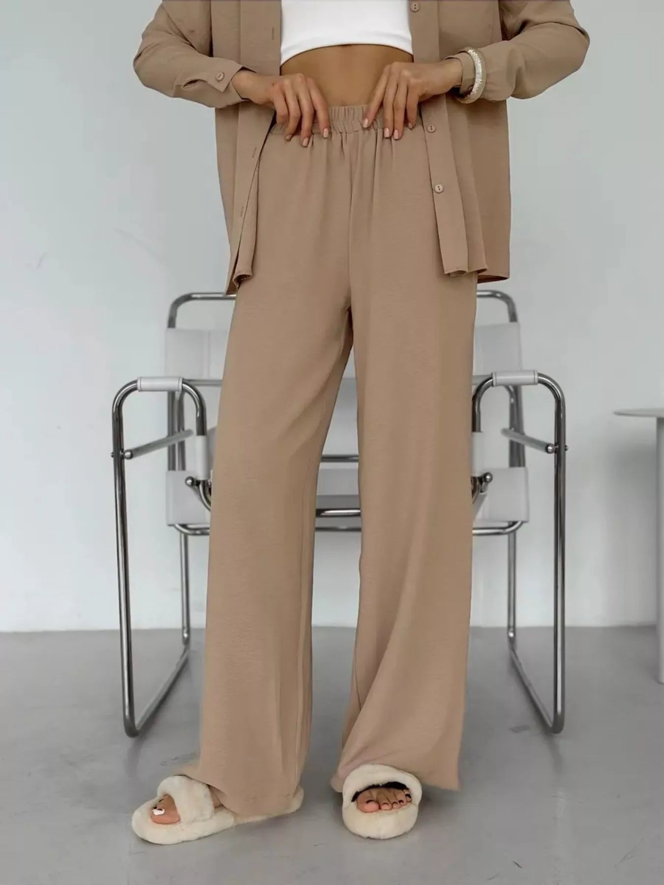 Relaxed Fit Shirt and Wide Leg Pants Set