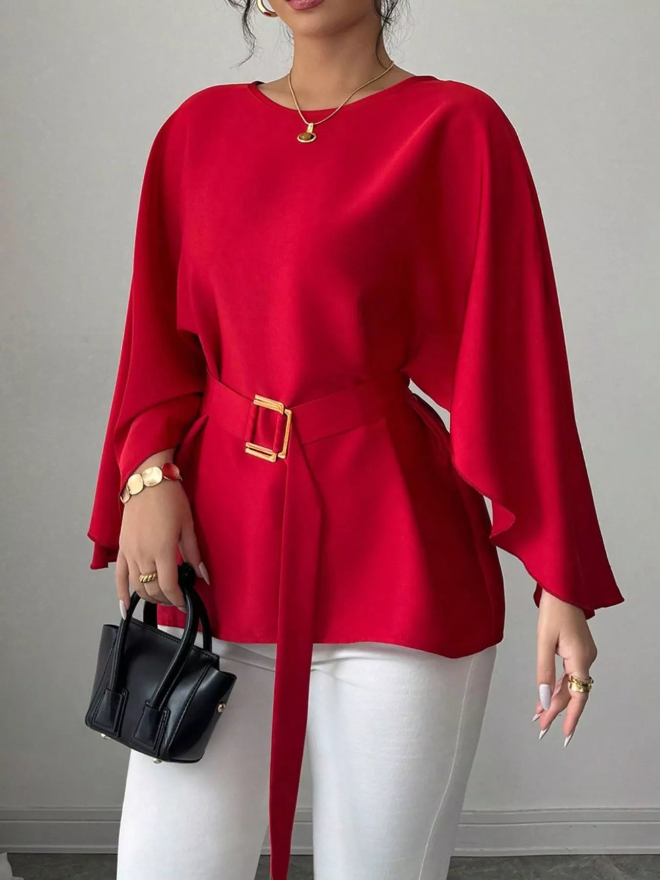 Batwing Sleeve Belted Blouse