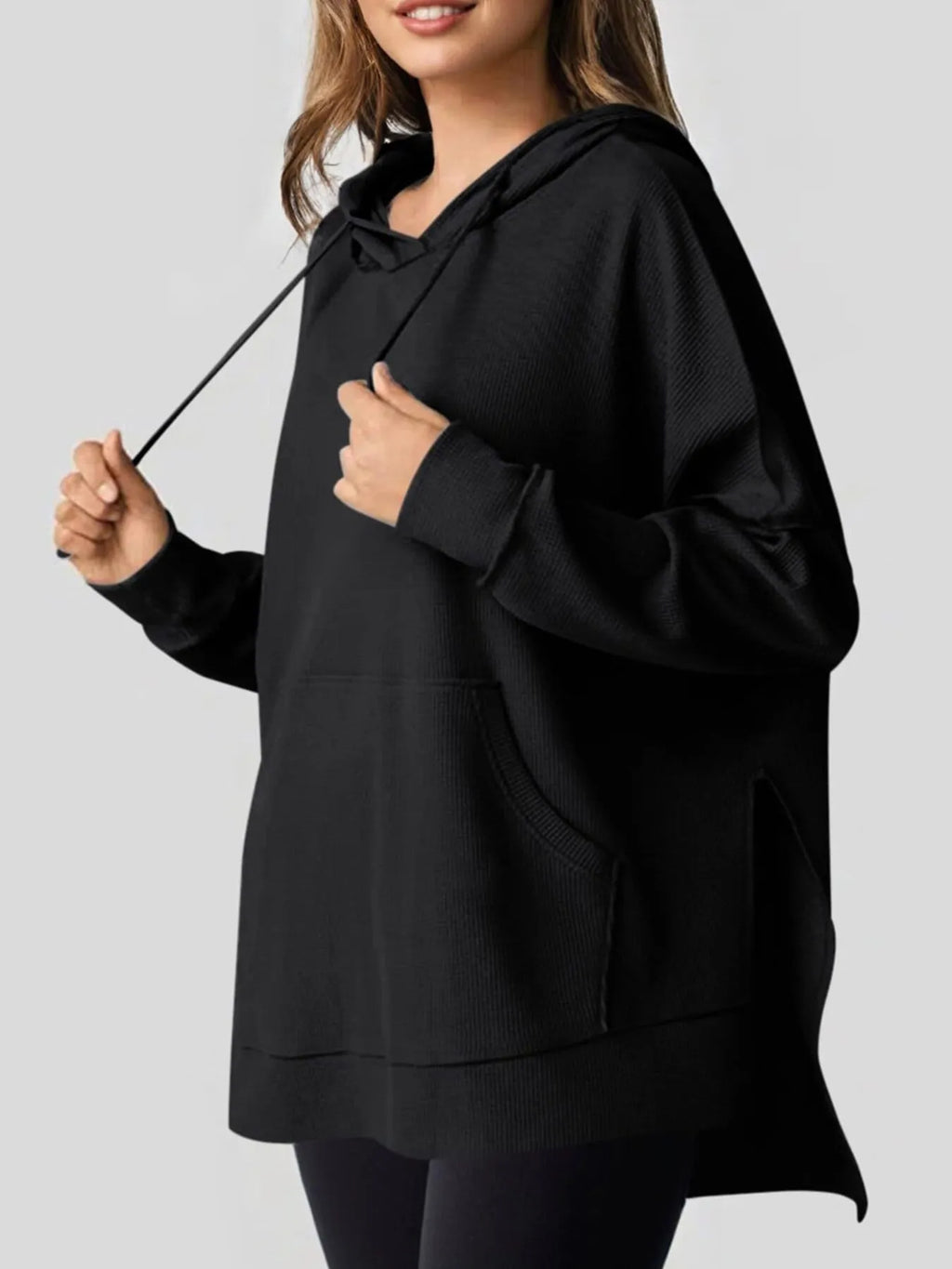 Slit Drawstring Waffle Knit Hoodie