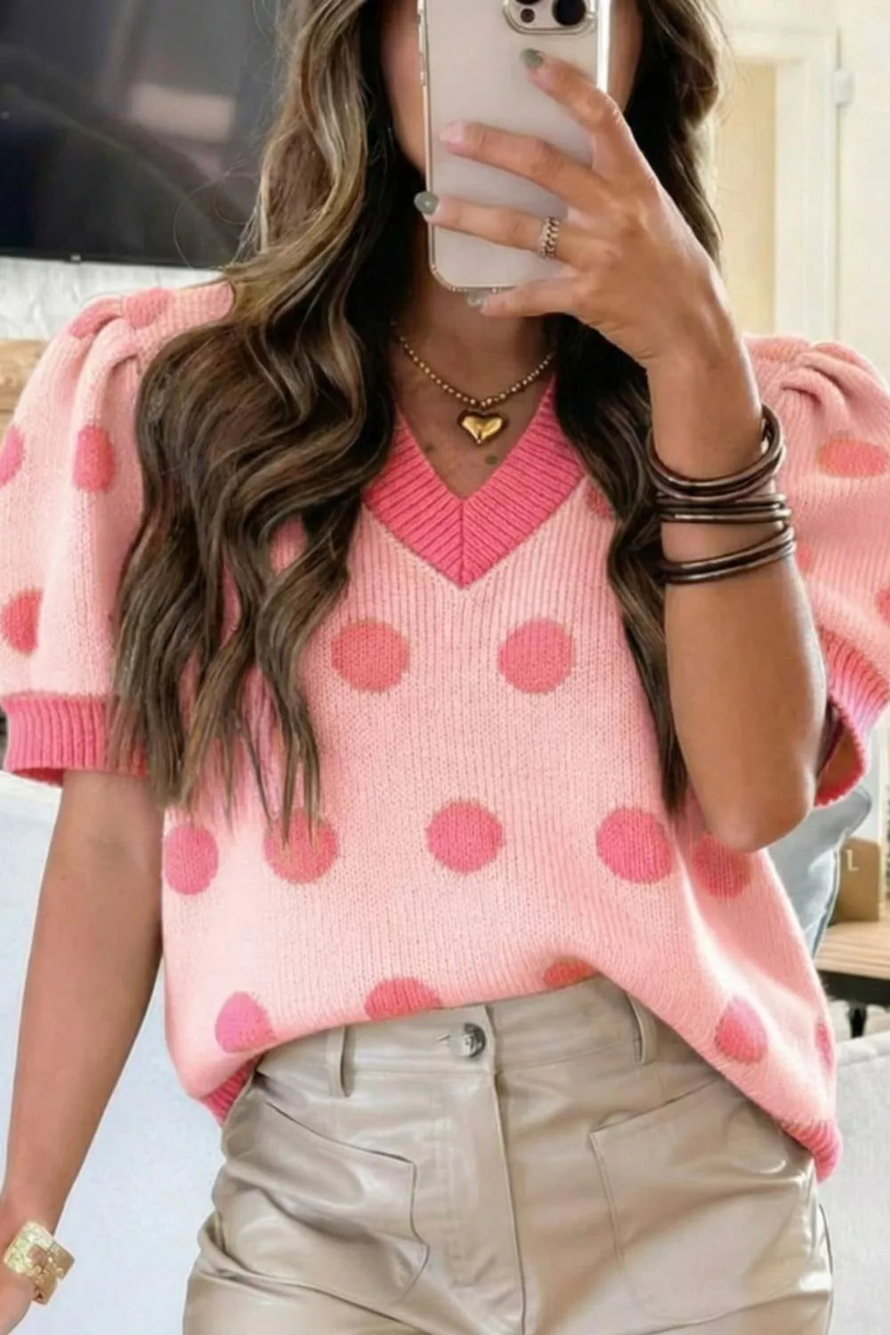 Polka Dot Puff Short Sleeve Sweater Top