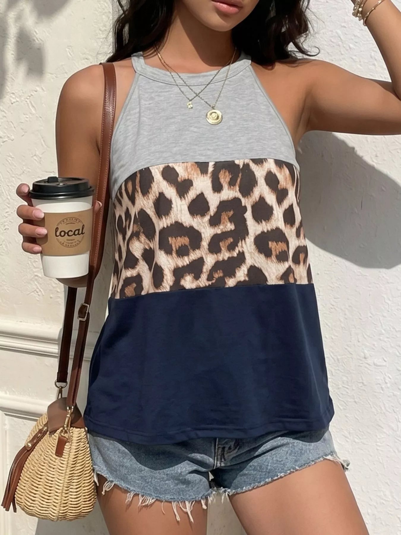 Leopard Print Color Block Tank