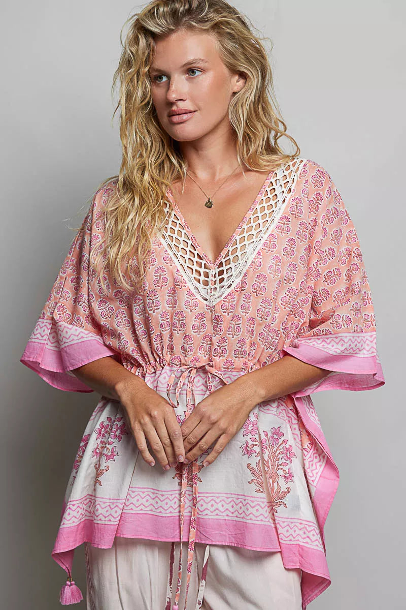 POL Block Print Floral Tie Front Boho Blouse