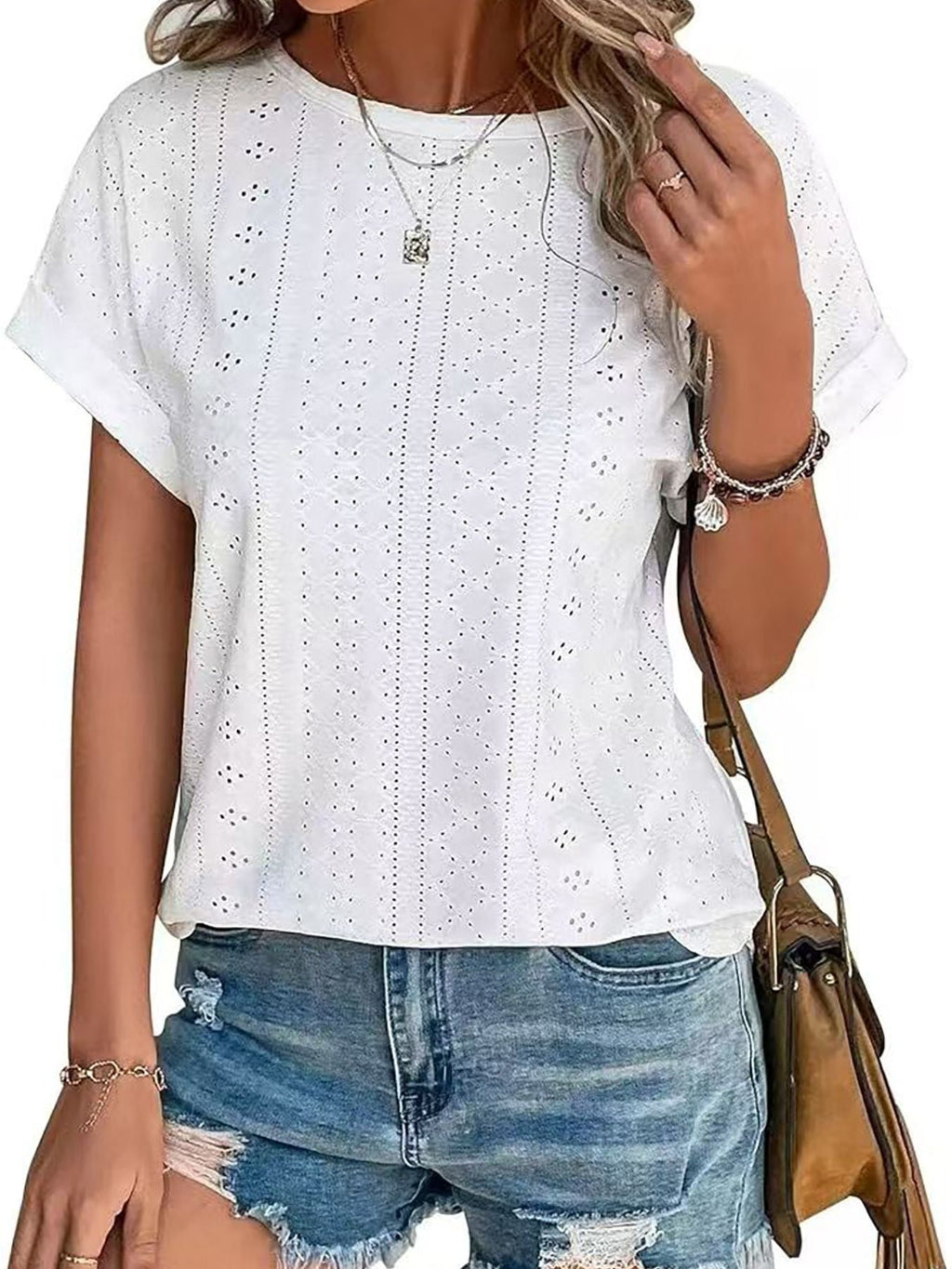 Eyelet Round Neck Short Sleeve Top