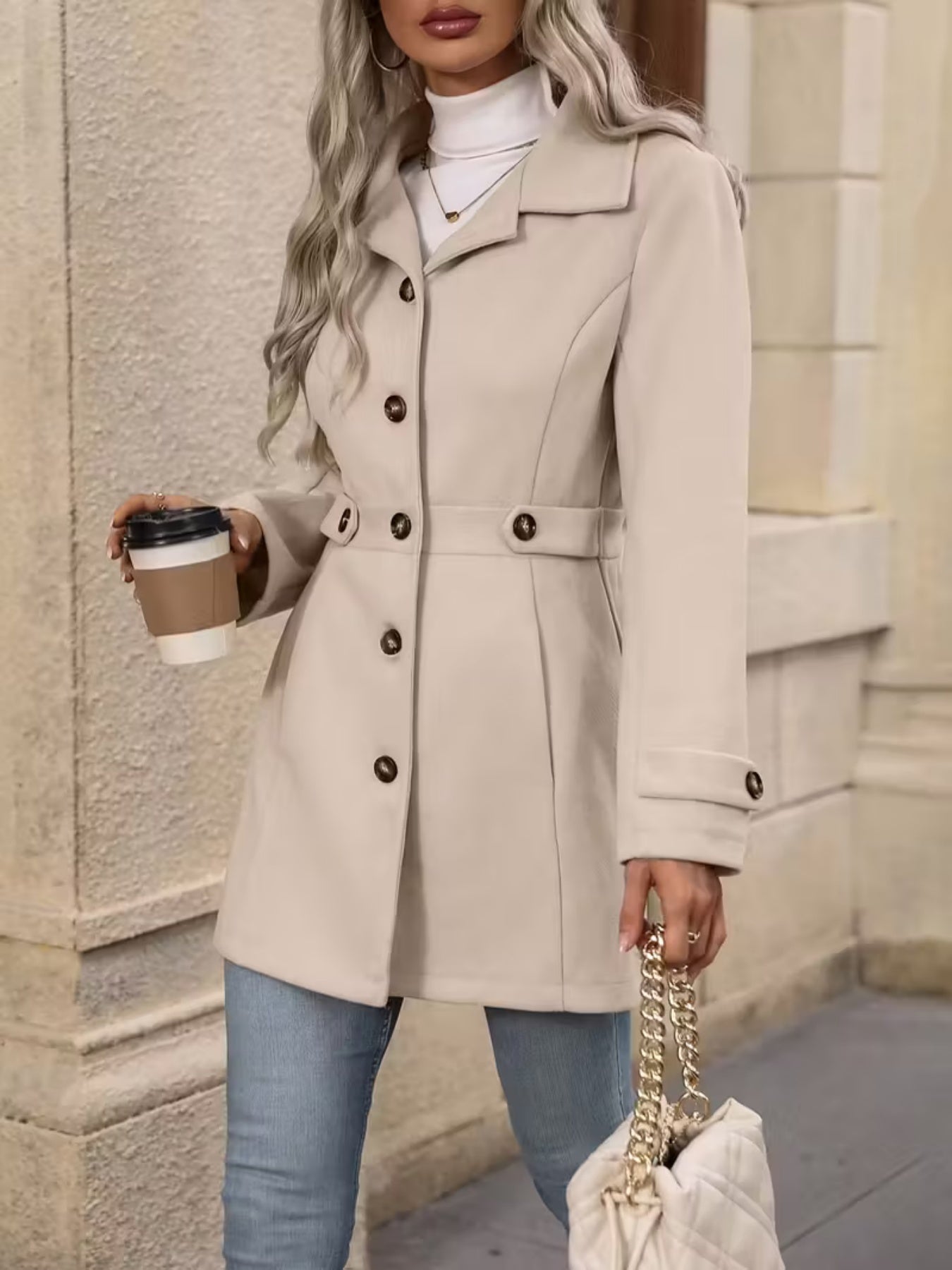 Women’s Elegant Woolen Coat – Medium-Length Lapel Slim Fit Winter Coat