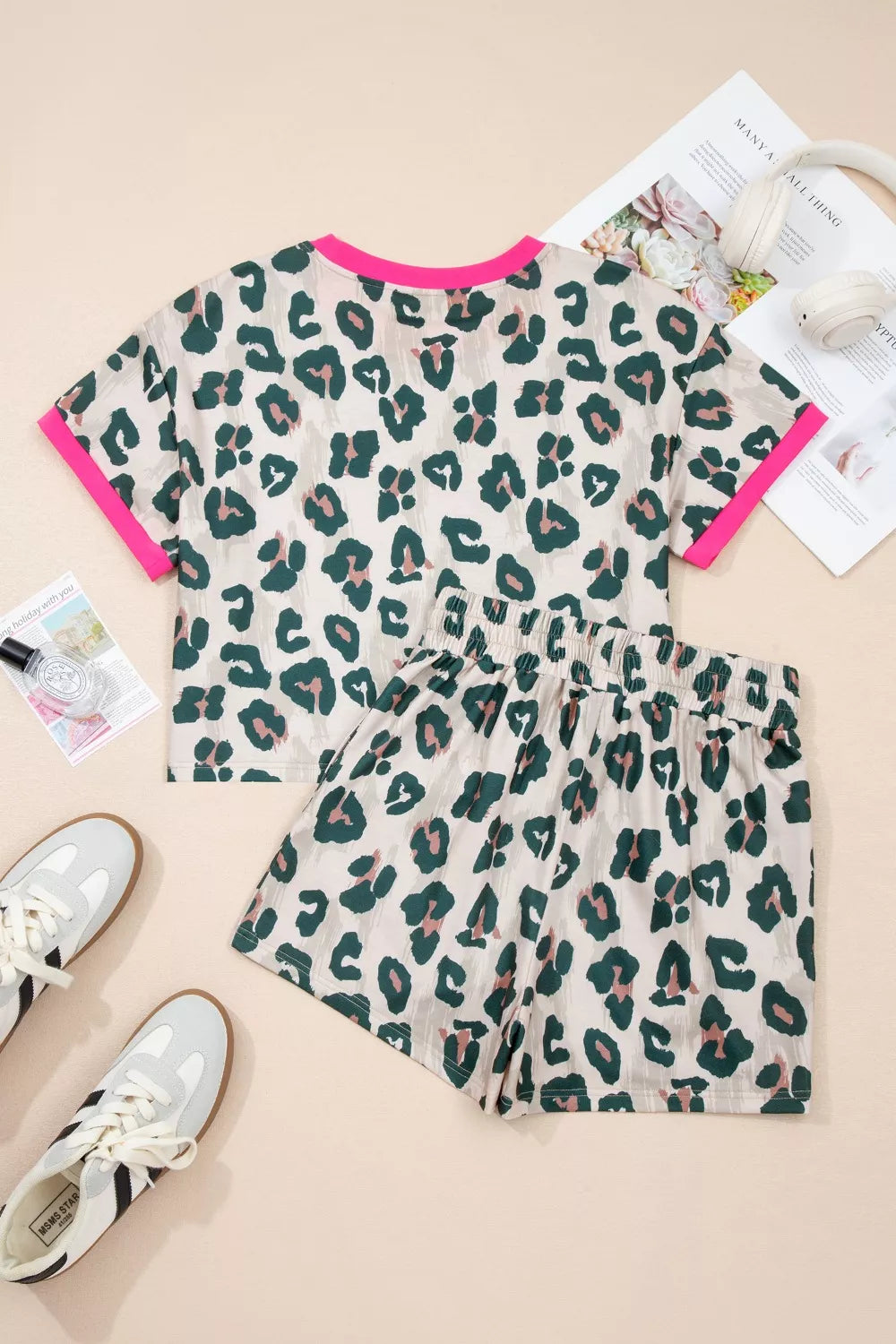 Leopard Print Short Sleeve Top and Shorts Set