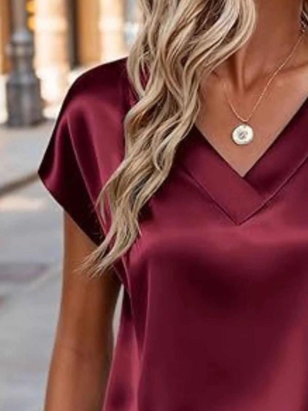 Satin V-Neck Short Sleeve Blouse