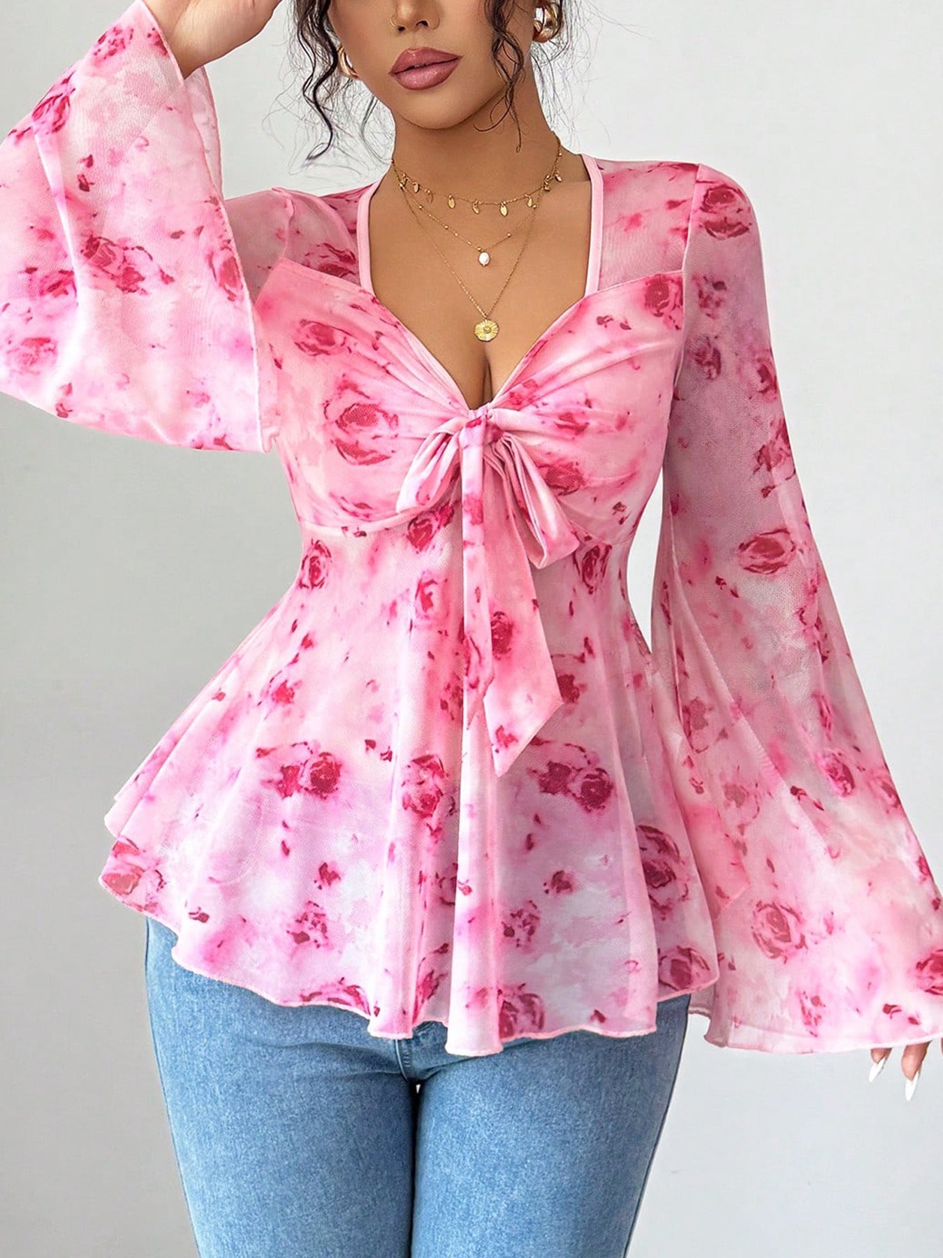Floral Print Tie Front Flare Sleeve Chiffon Blouse