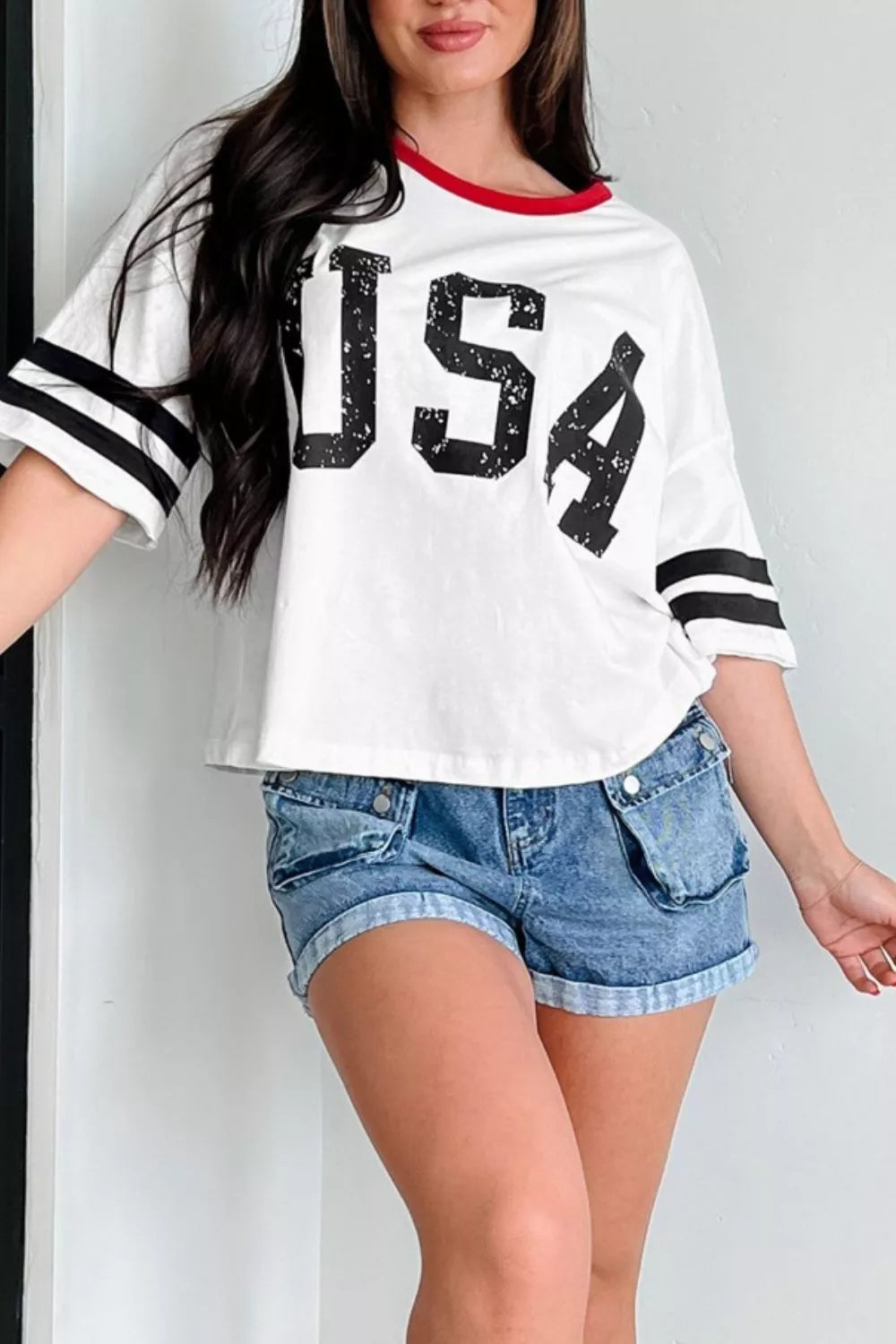 USA Letter Printed Varsity Striped Sleeve Round Neck Tee