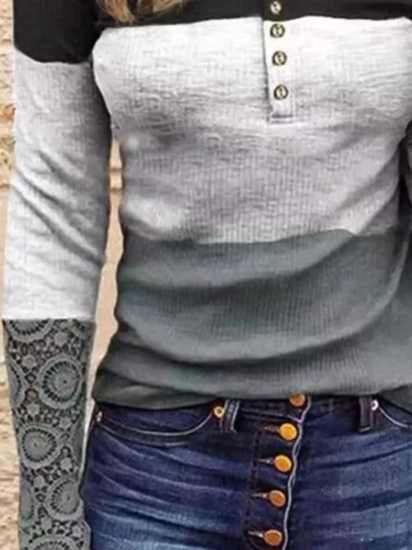 Color Block Lace Detail Half Button T-Shirt