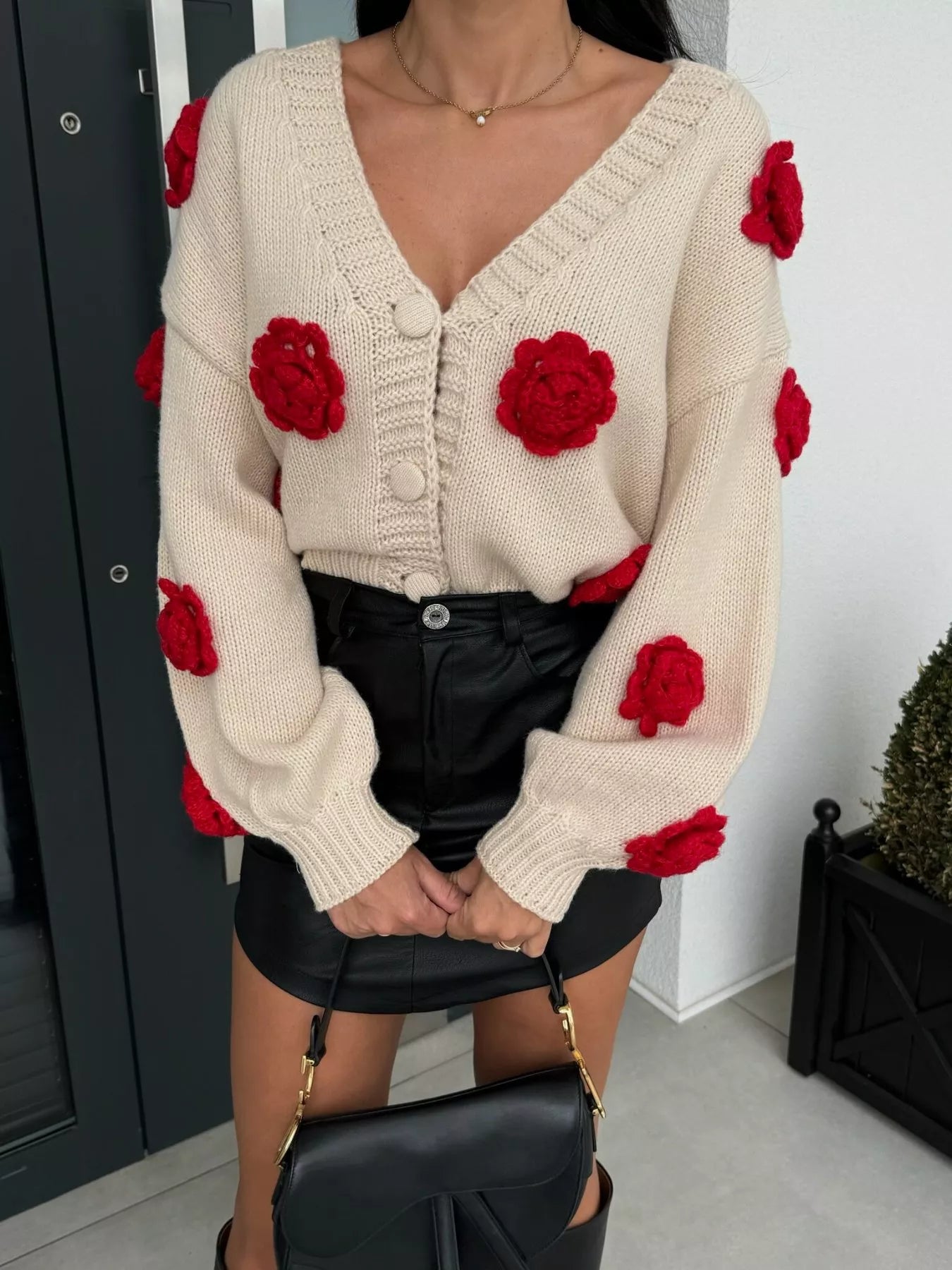 Rose Embellished V-Neck Cardigan