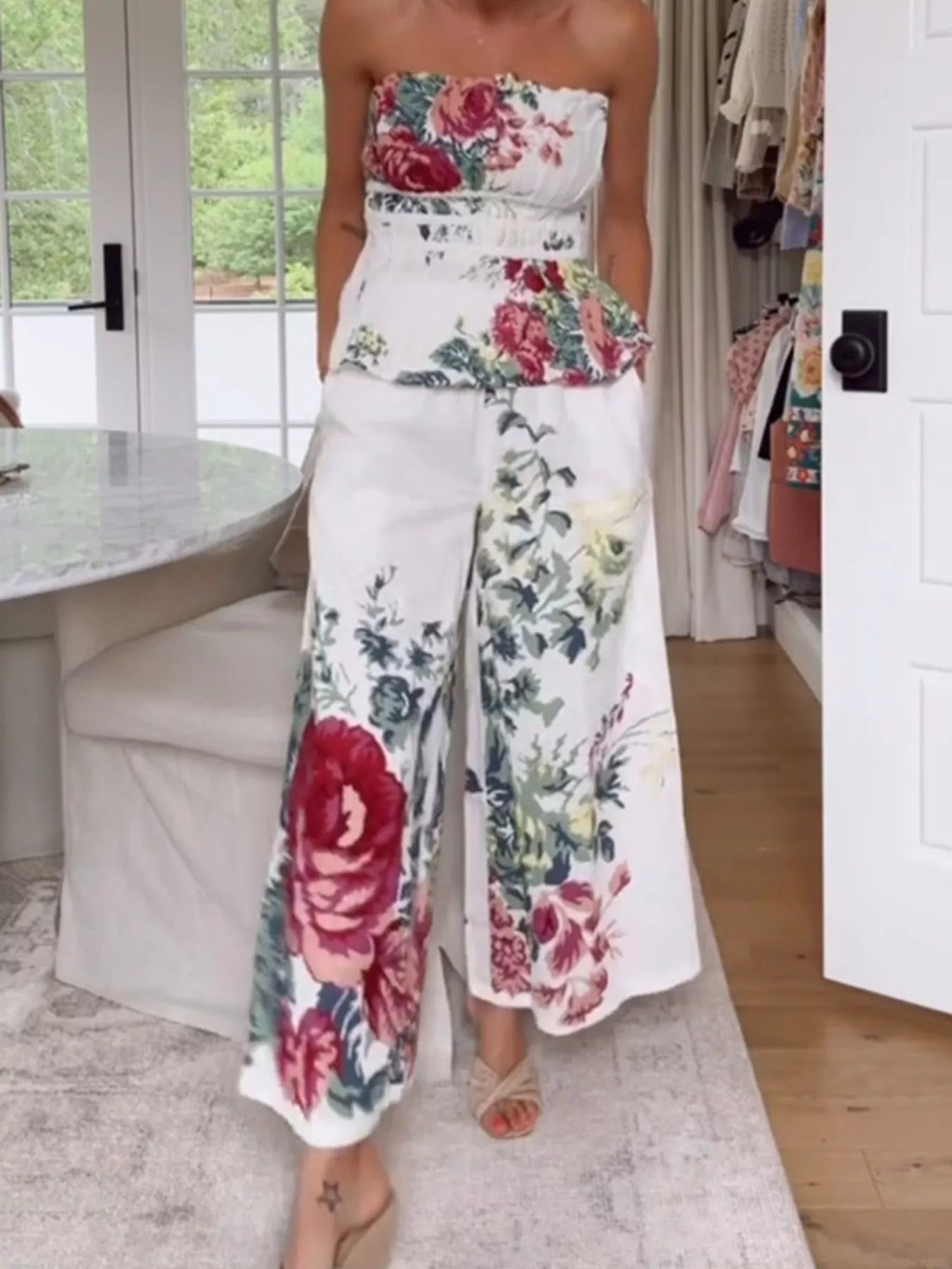 Floral Print Strapless Top and Wide-Leg Pants Set