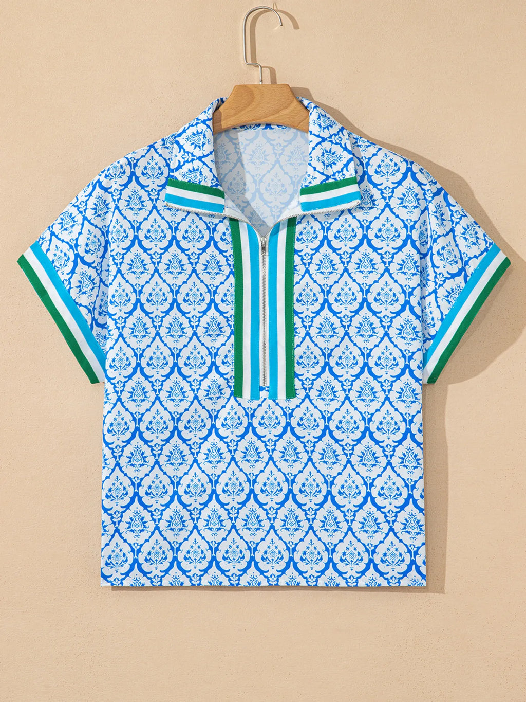 Western Print Zipped Collar Short Sleeve Summer Blouse Top